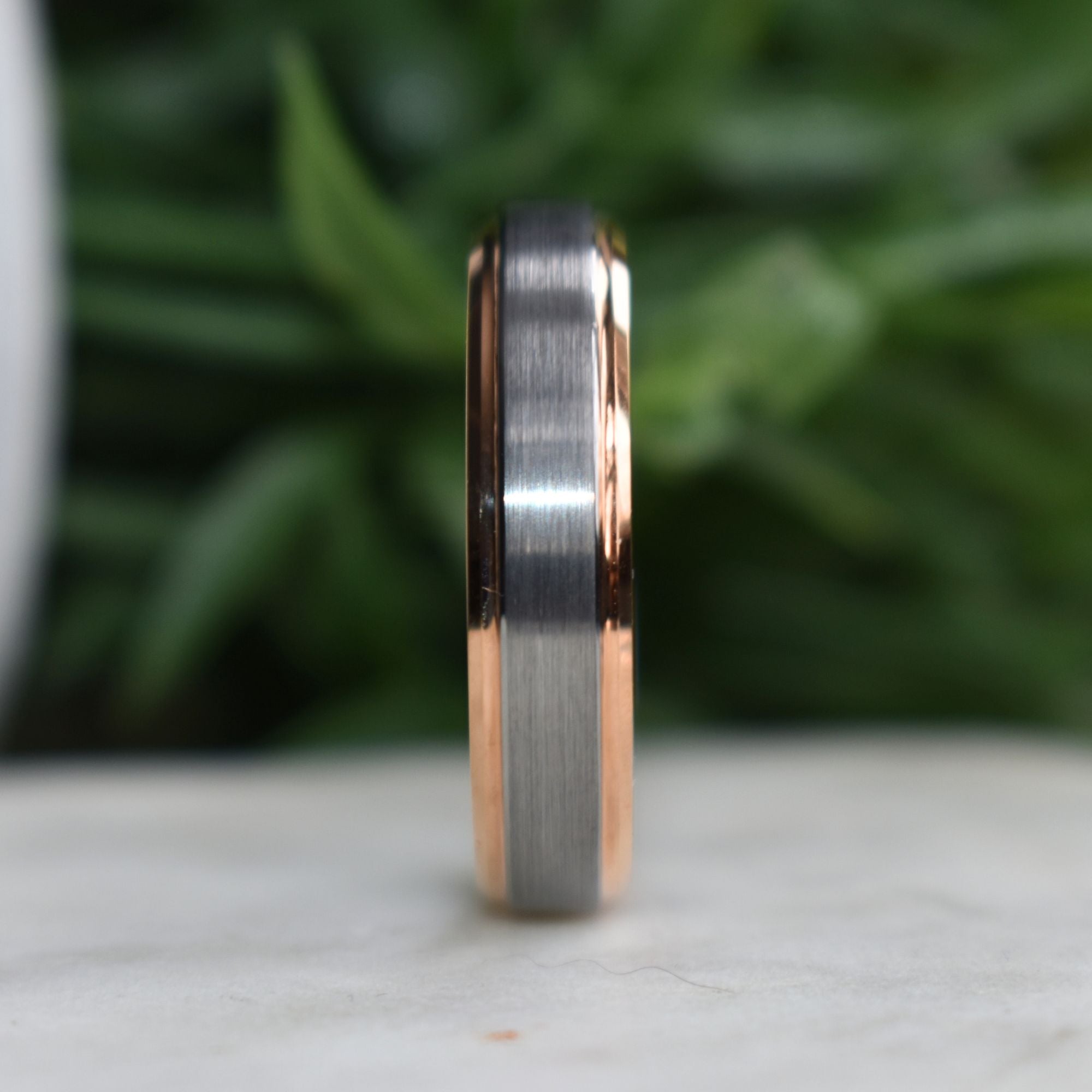 Tungsten 6mm Ring Brushed Silver with Rose Gold Beveled Edges - Tungsten Titans
