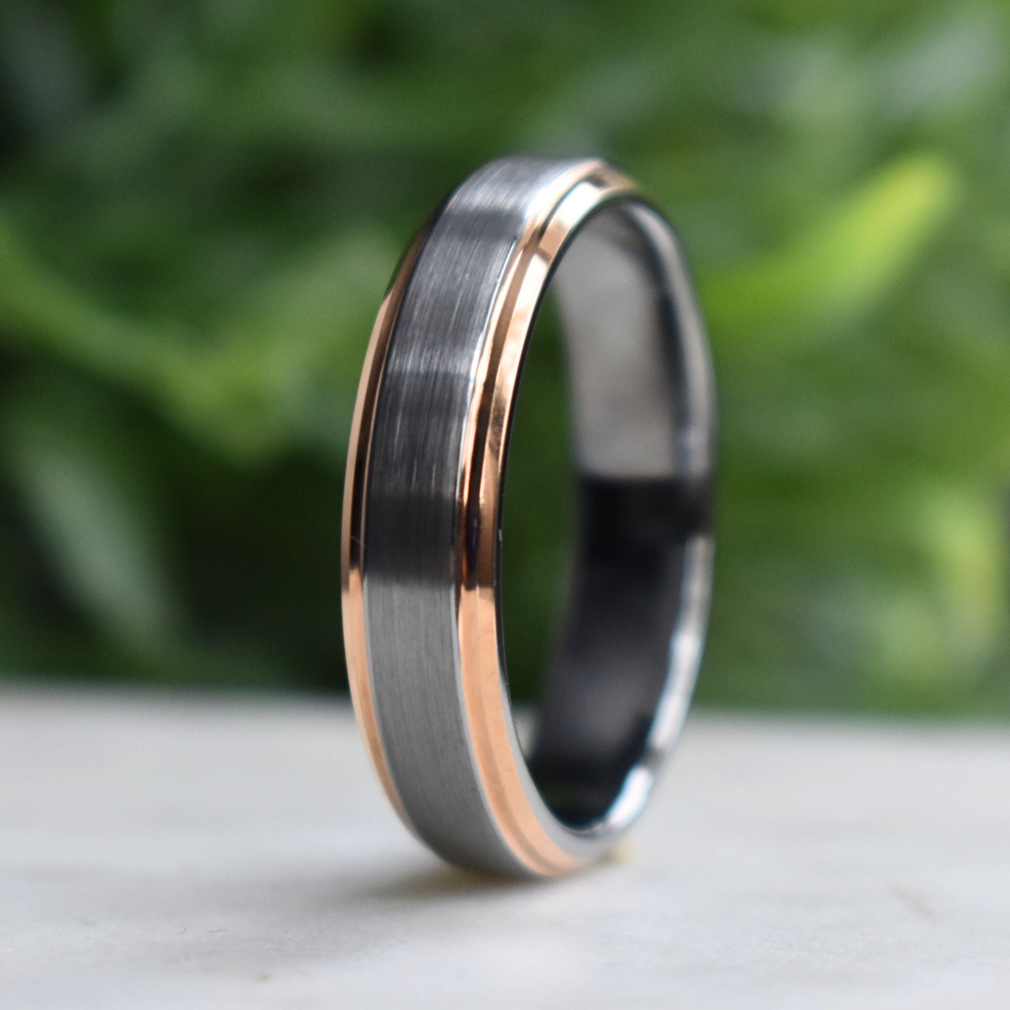 Tungsten 6mm Ring Brushed Silver with Rose Gold Beveled Edges - Tungsten Titans