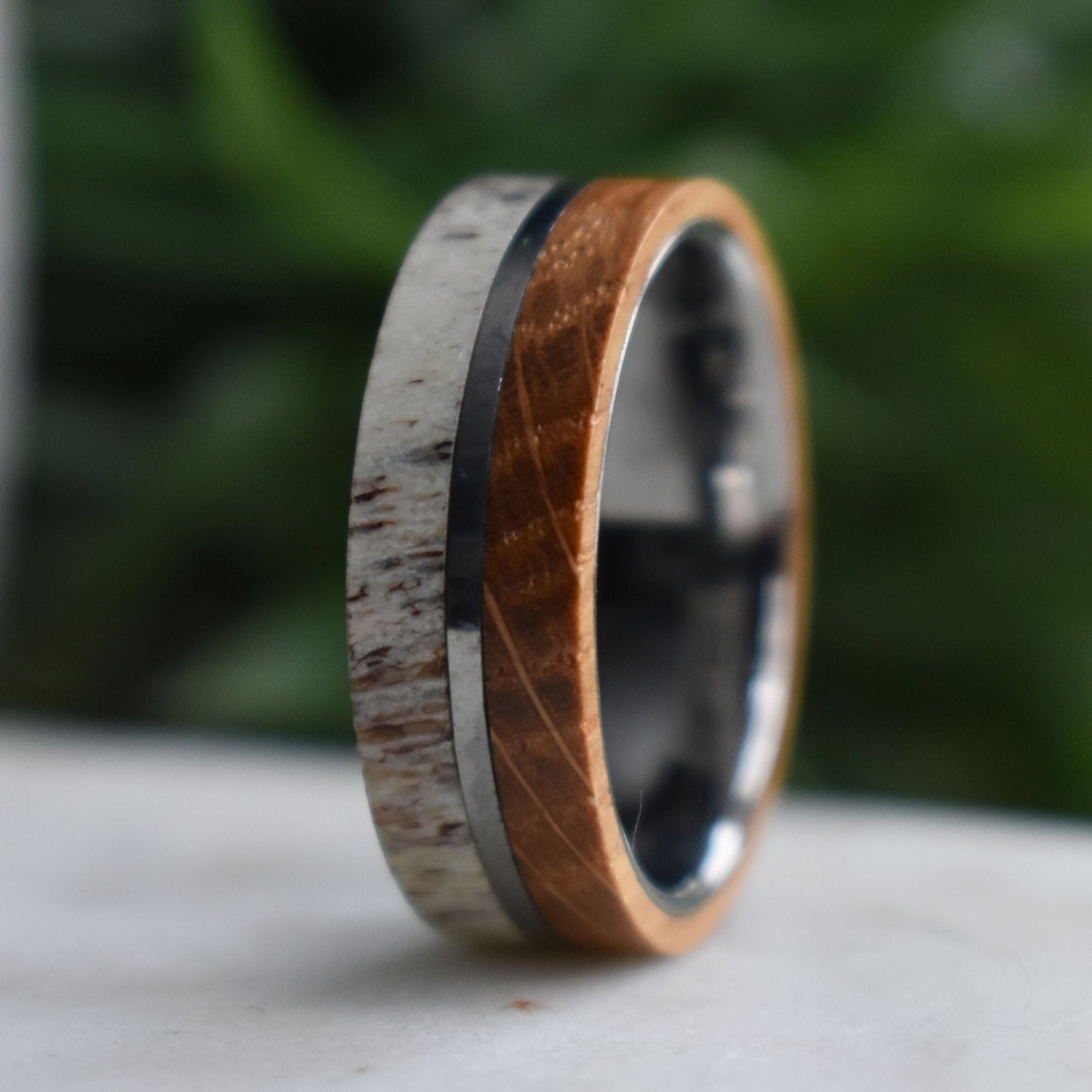 Whiskey Barrel and Deer Antler 8mm Ring with Tungsten Band - Tungsten Titans