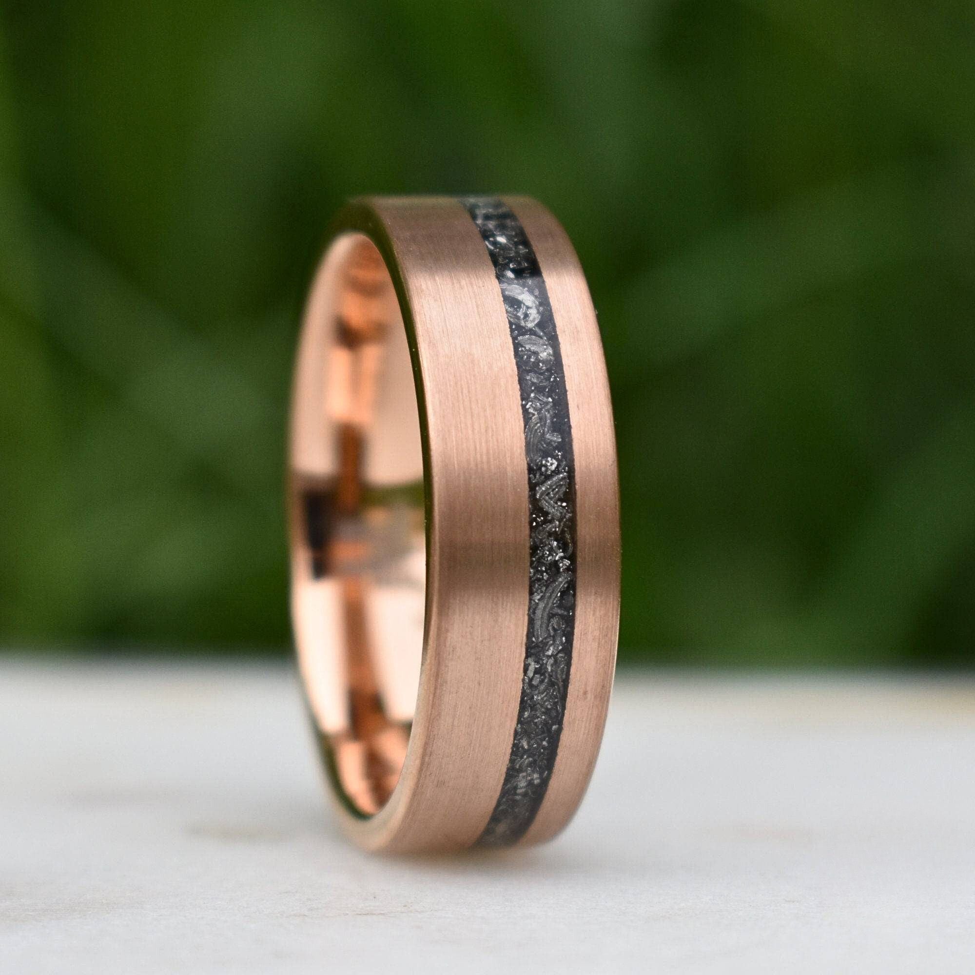Tungsten 8mm Ring Rose Gold with Black Druzy Quartz and Meteorite - Tungsten Titans