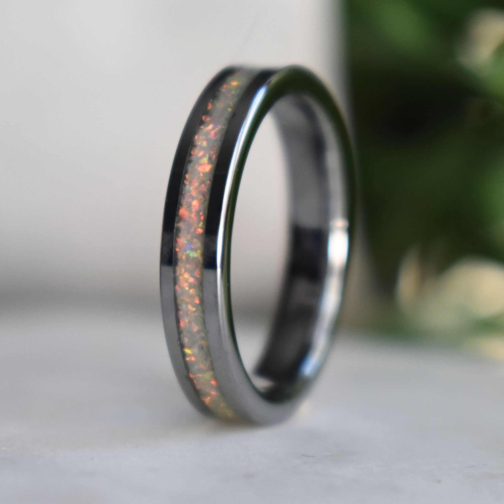 Tungsten 4mm Ring Crushed White Opal Wedding Band - Tungsten Titans