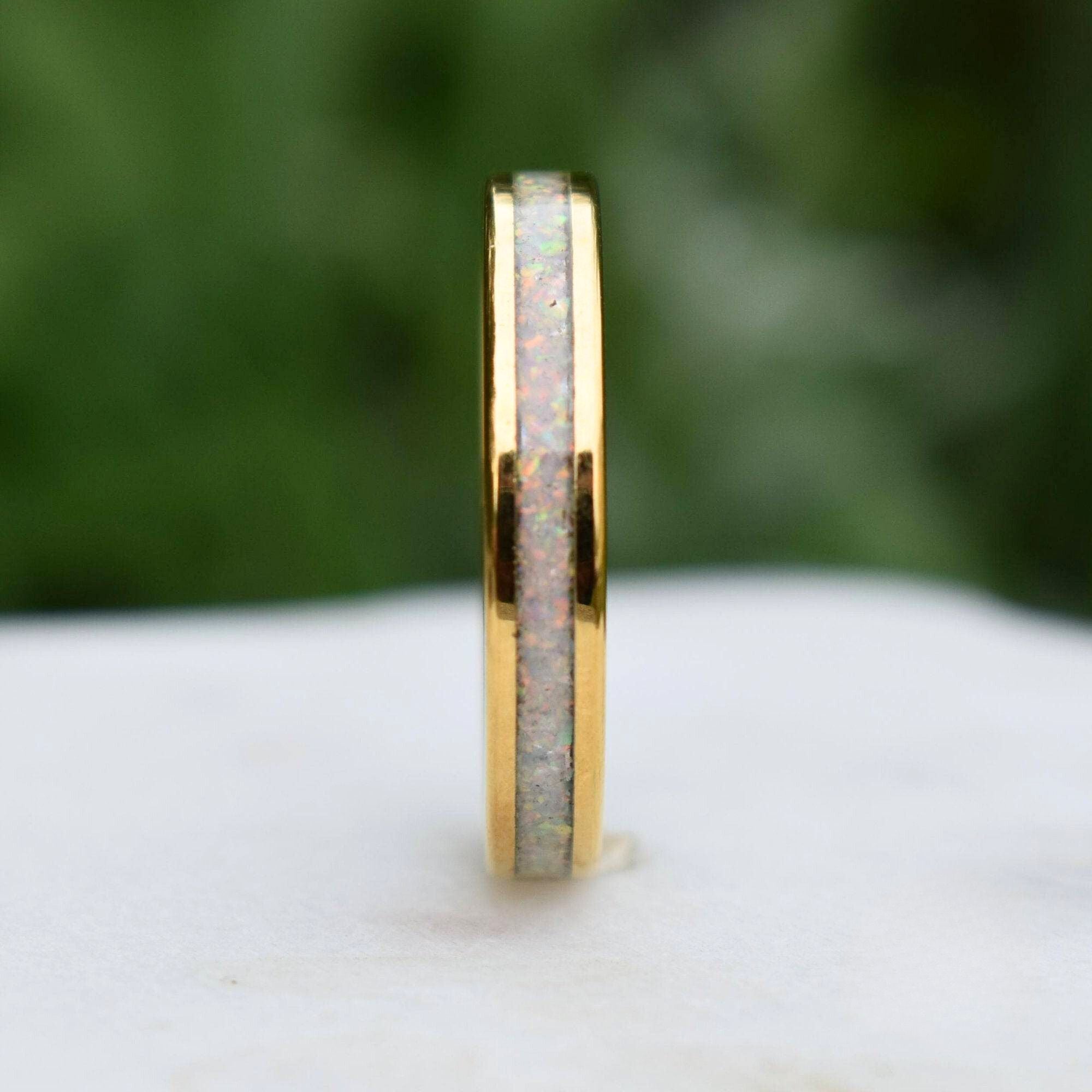 Tungsten 4mm Gold Ring Crushed White Opal Wedding Band - Tungsten Titans