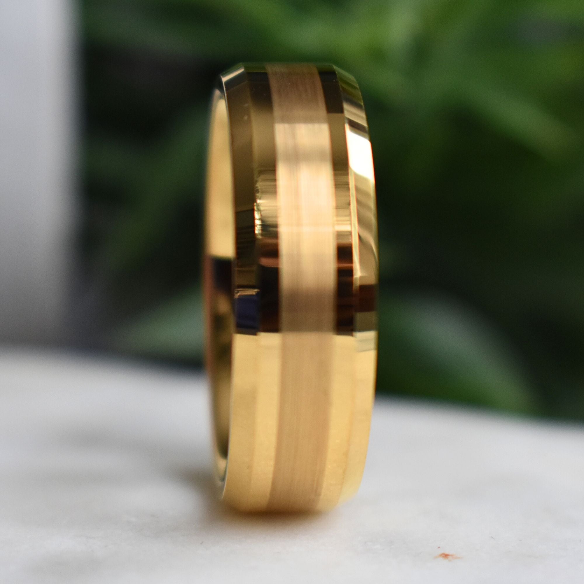 Tungsten 8mm Brushed Gold Ring with High Polished Edges - Tungsten Titans