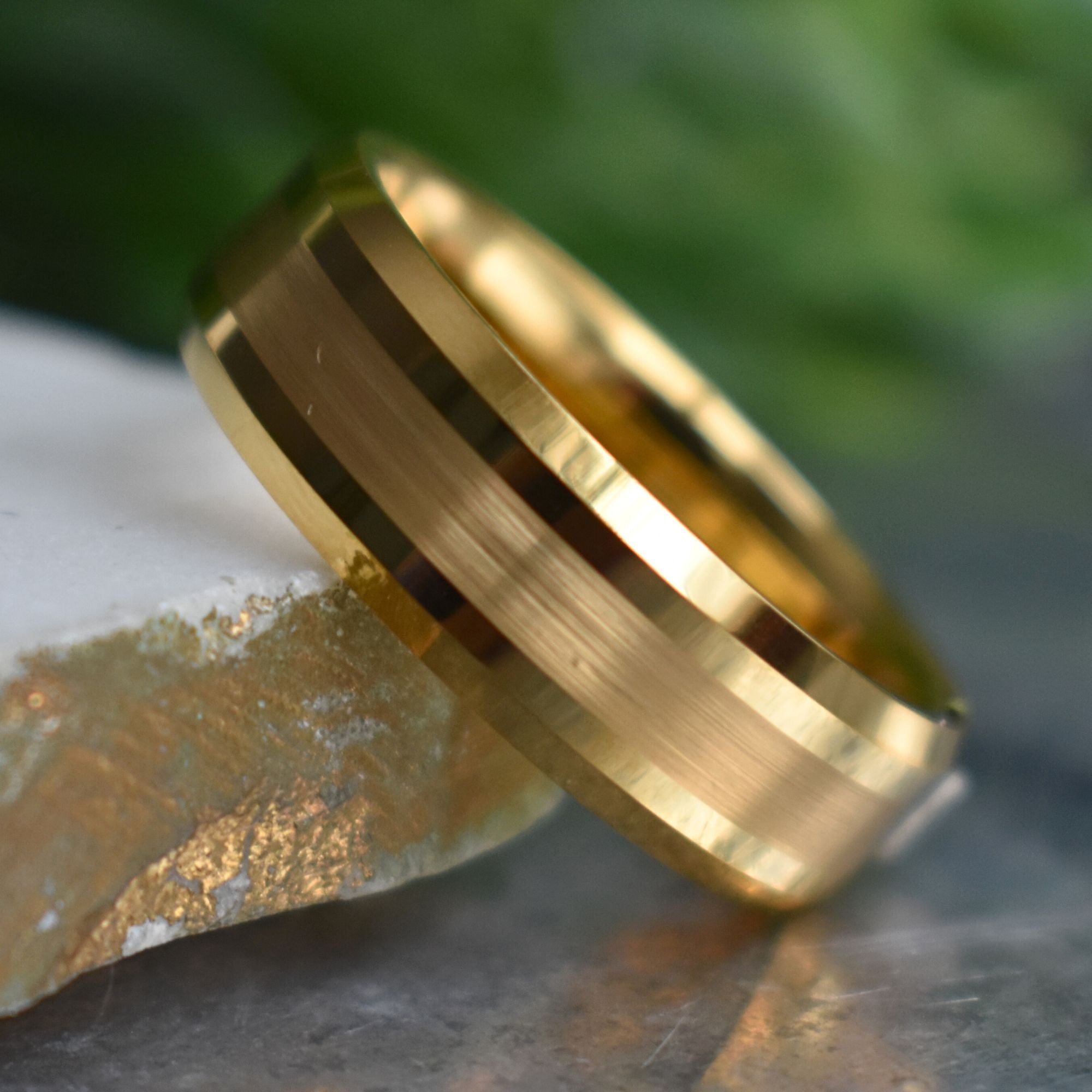 Tungsten 8mm Brushed Gold Ring with High Polished Edges - Tungsten Titans
