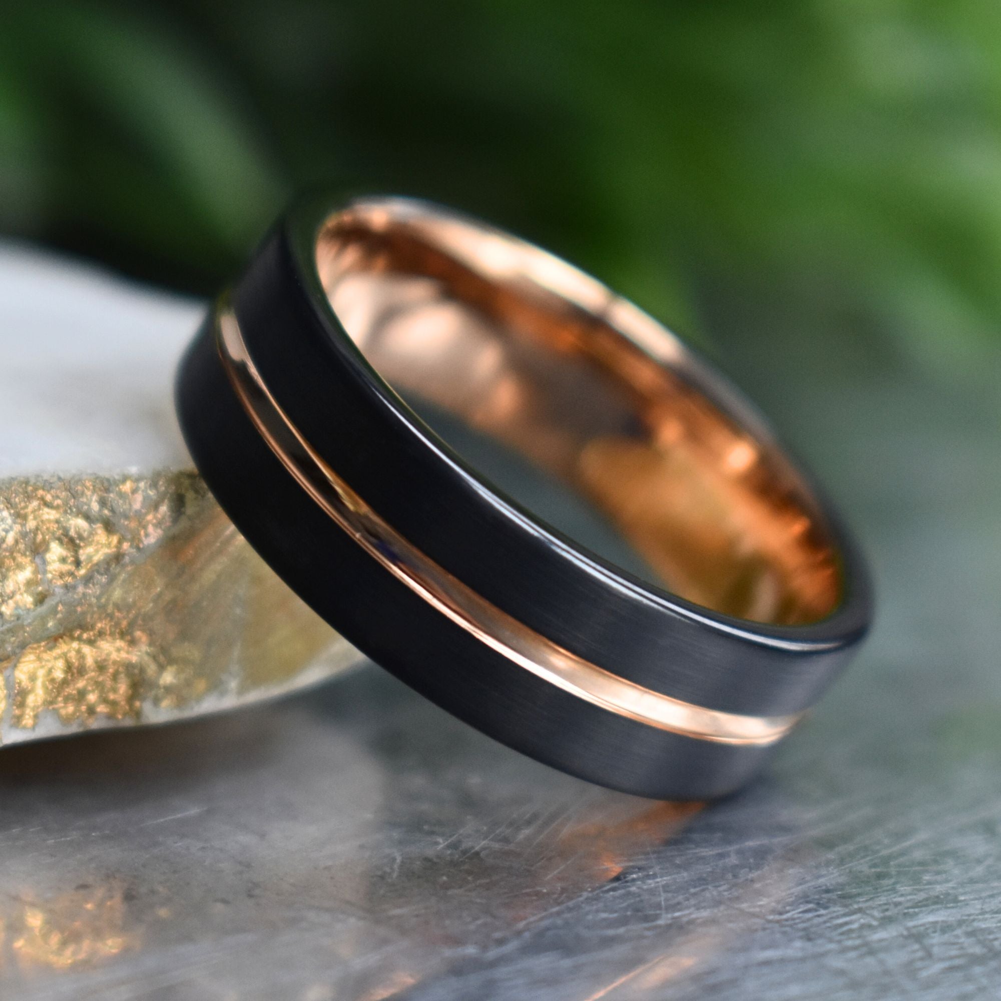Black 8mm Tungsten Ring with Rose Gold Center - Tungsten Titans