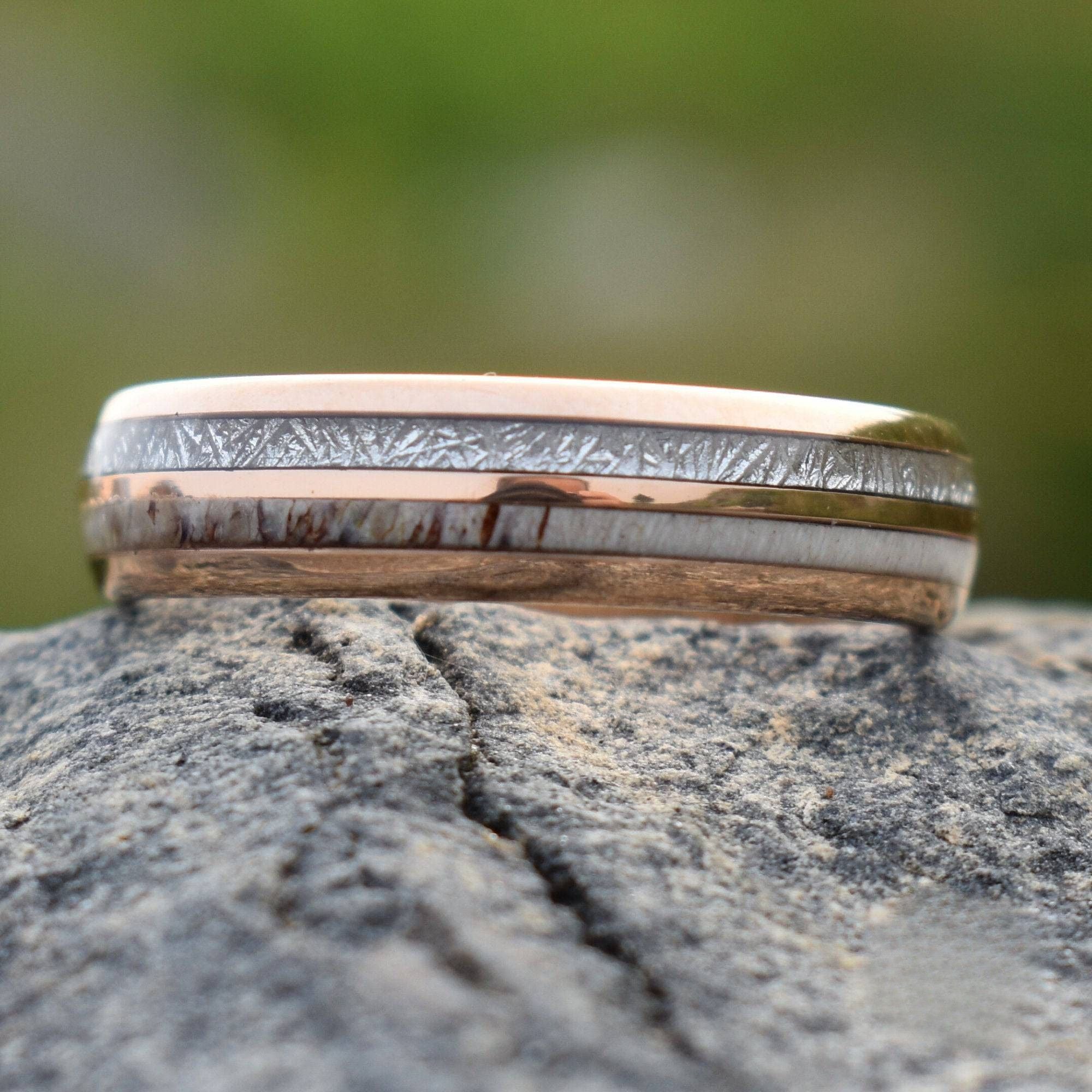 Rose Gold Tungsten 6mm Ring with Deer Antler and Meteorite - Tungsten Titans
