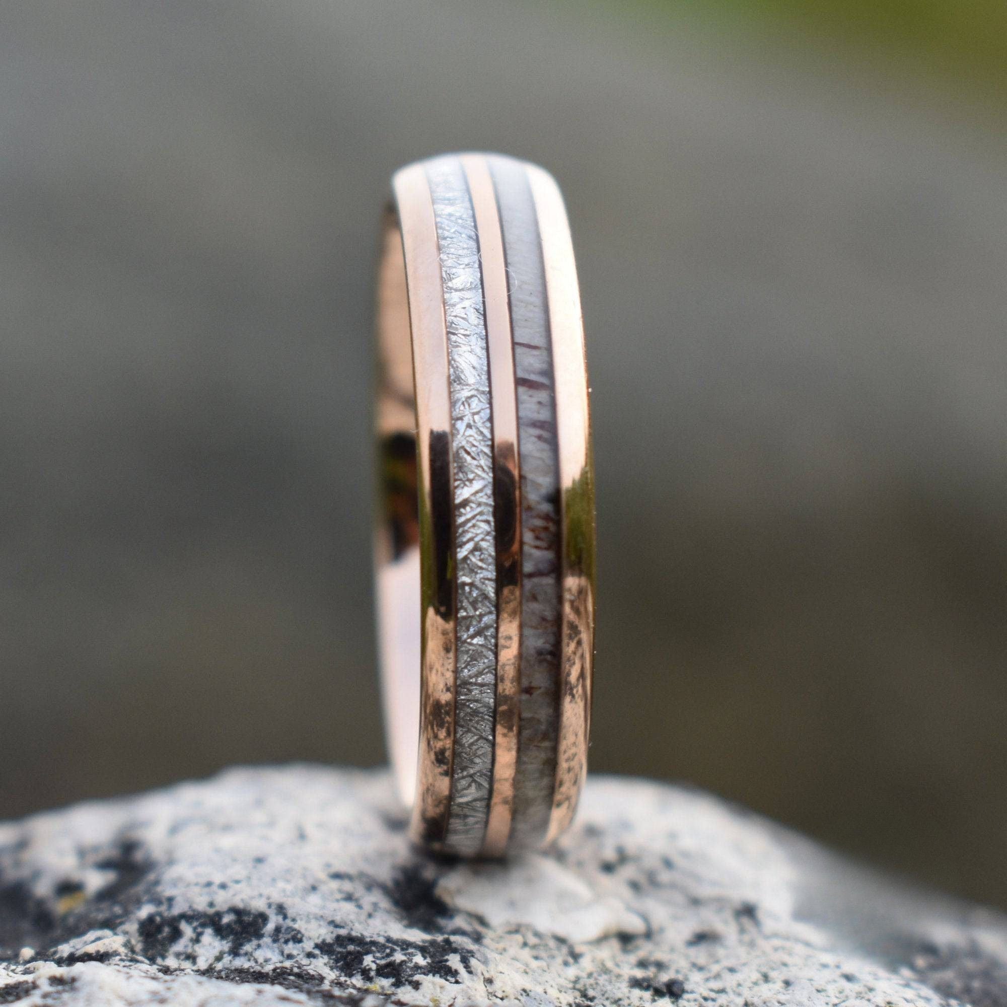 Rose Gold Tungsten 6mm Ring with Deer Antler and Meteorite - Tungsten Titans