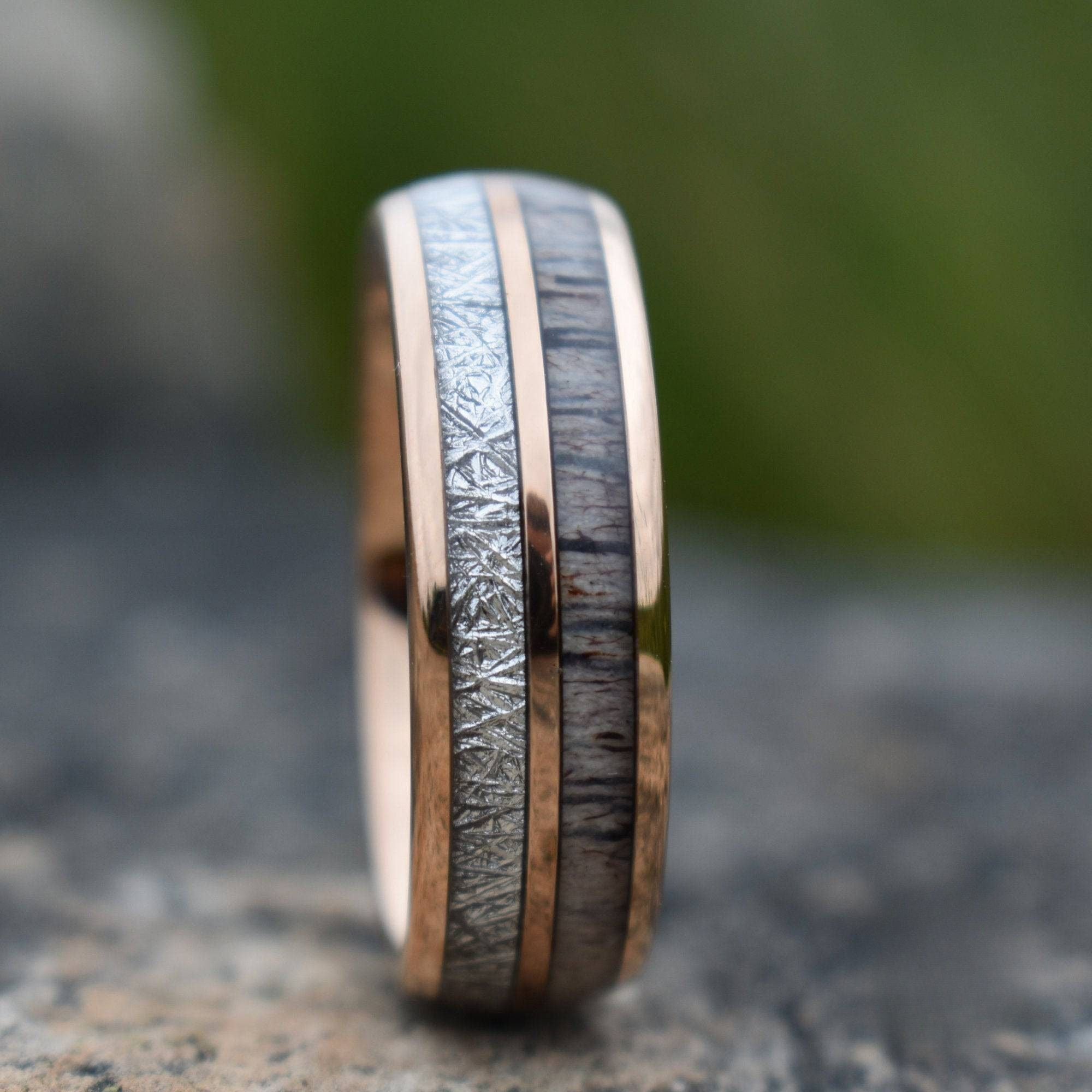 Rose Gold Tungsten 8mm Ring with Deer Antler and Meteorite - Tungsten Titans