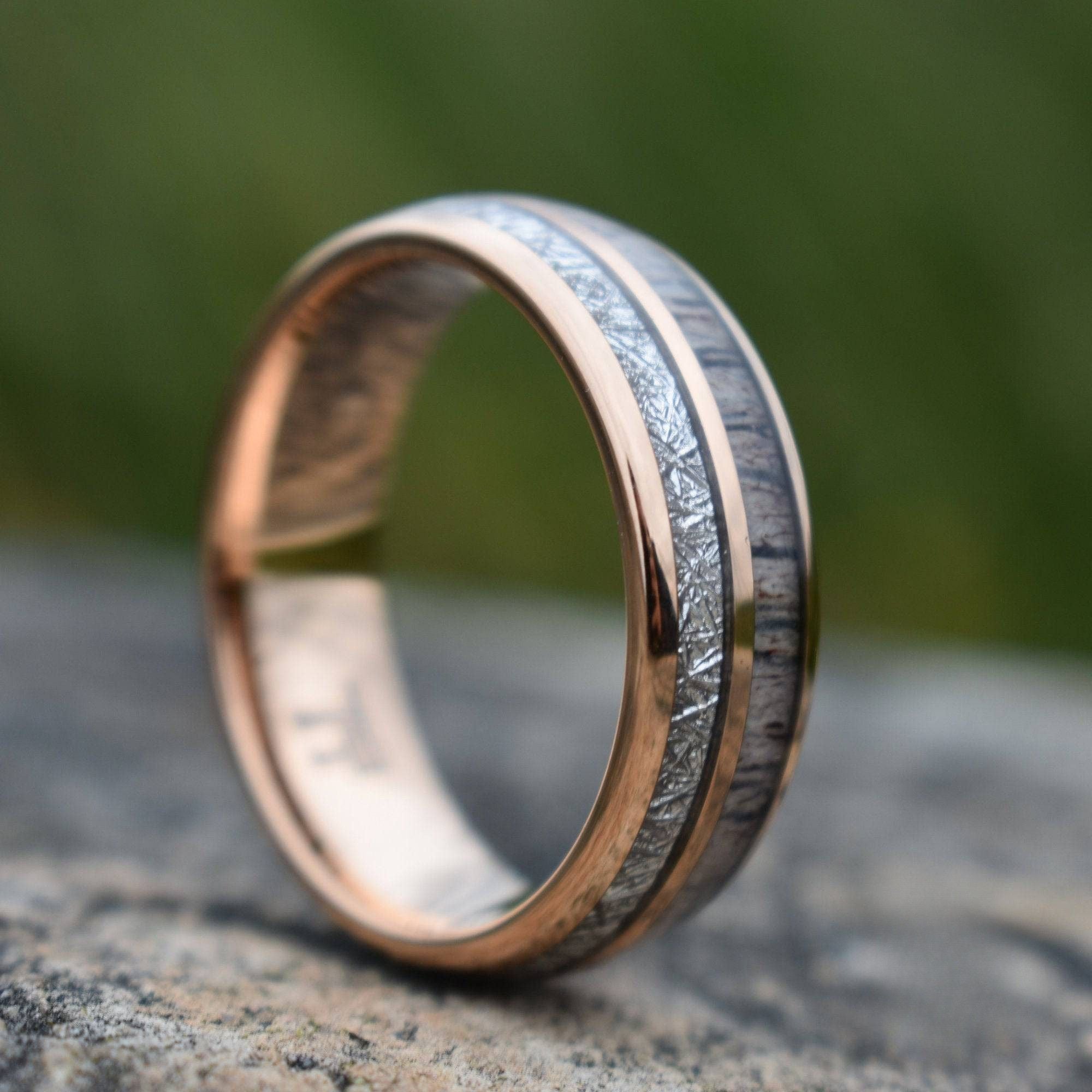 Rose Gold Tungsten 8mm Ring with Deer Antler and Meteorite - Tungsten Titans