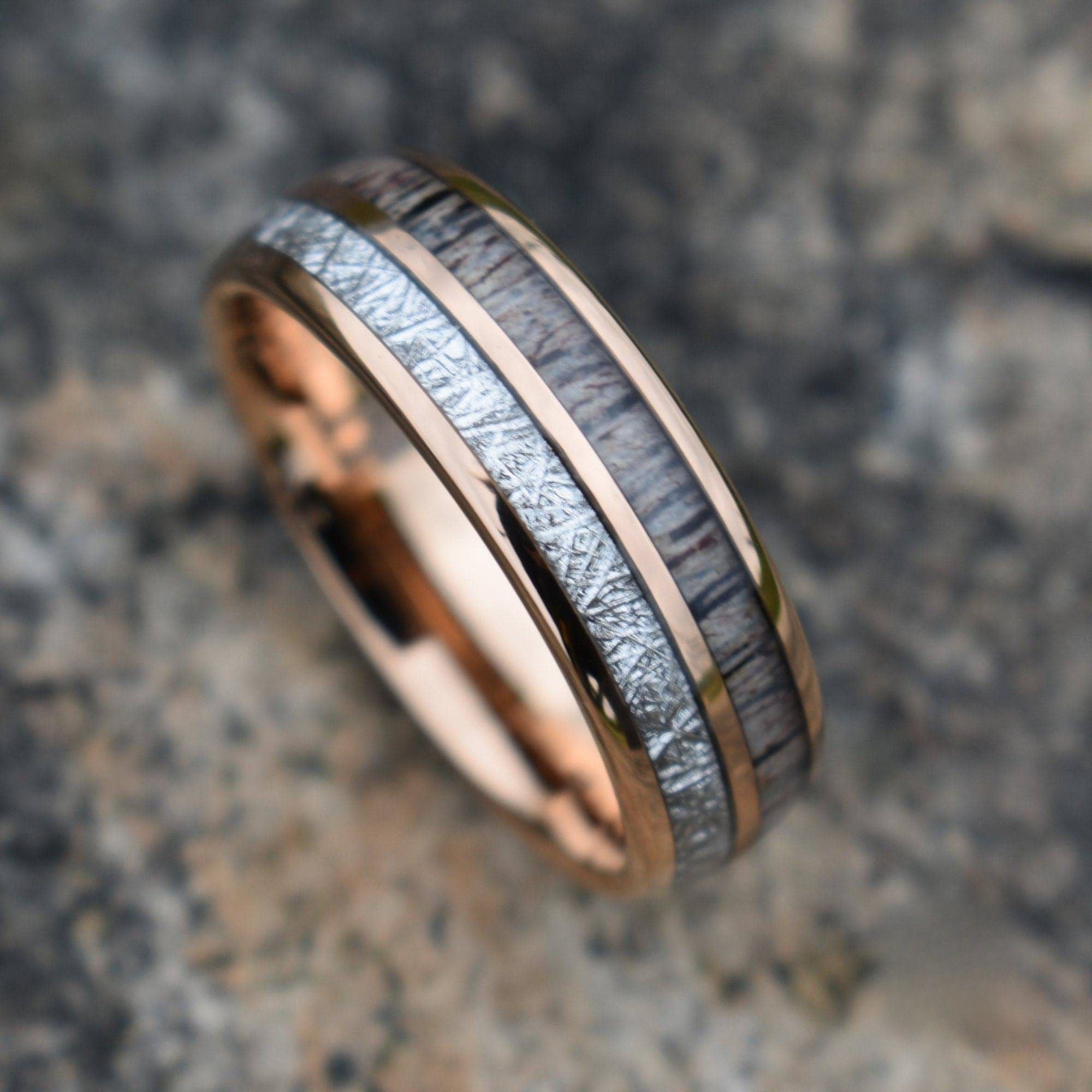 Rose Gold Tungsten 8mm Ring with Deer Antler and Meteorite - Tungsten Titans