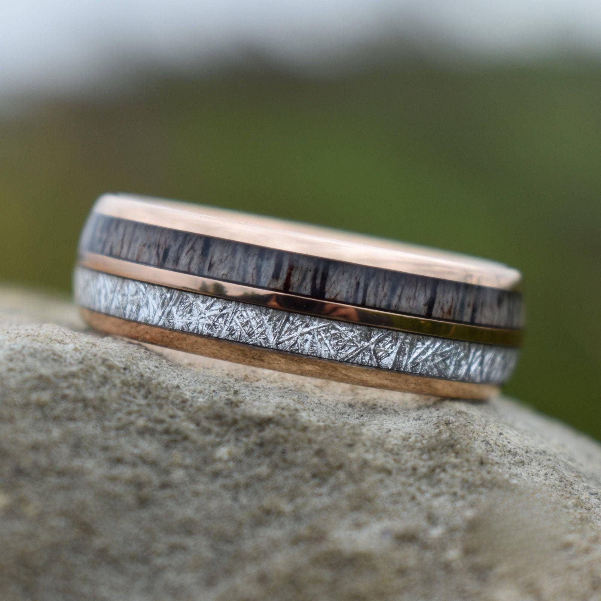 Rose Gold Tungsten 8mm Ring with Deer Antler and Meteorite - Tungsten Titans