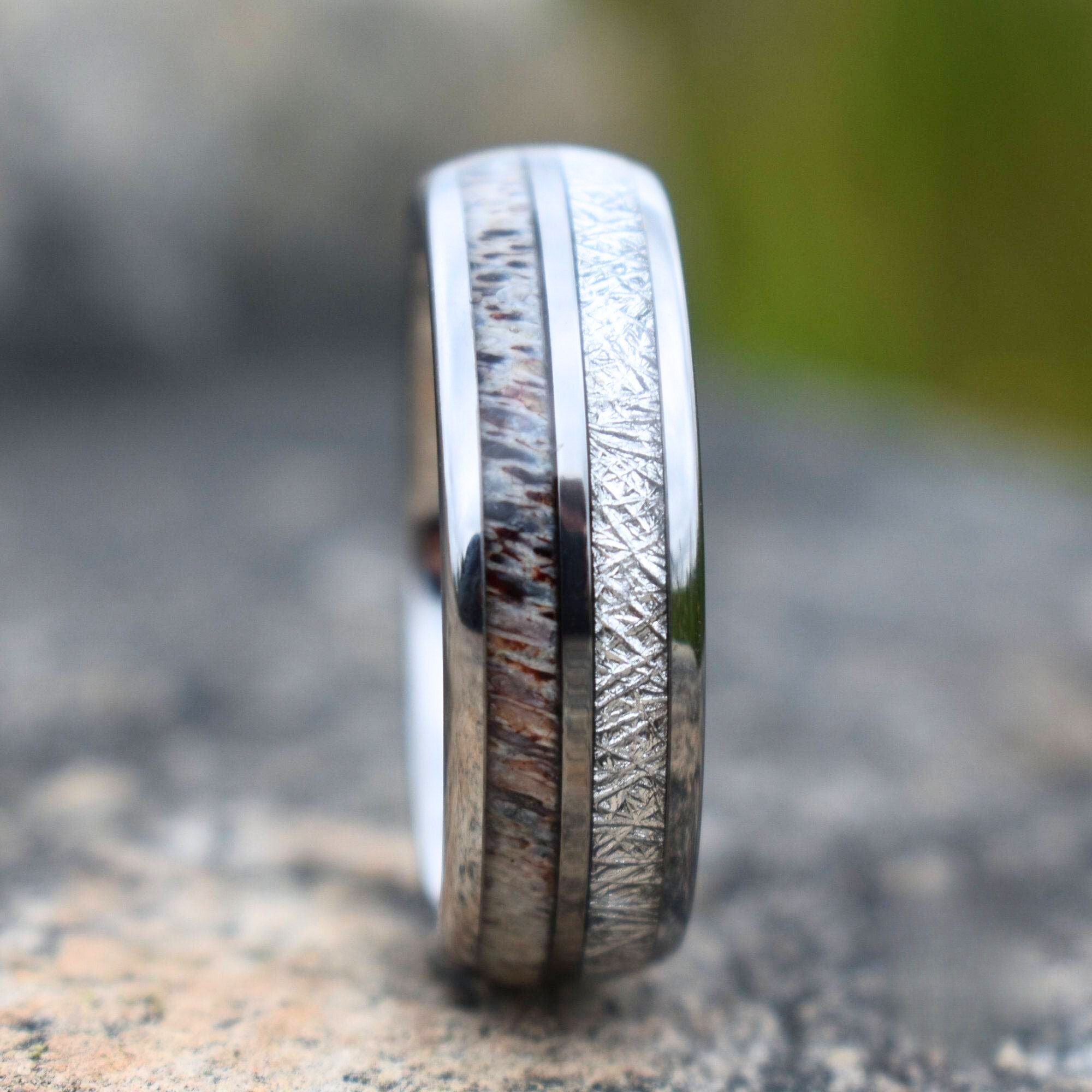 Silver Tungsten 8mm Ring with Deer Antler and Meteorite - Tungsten Titans