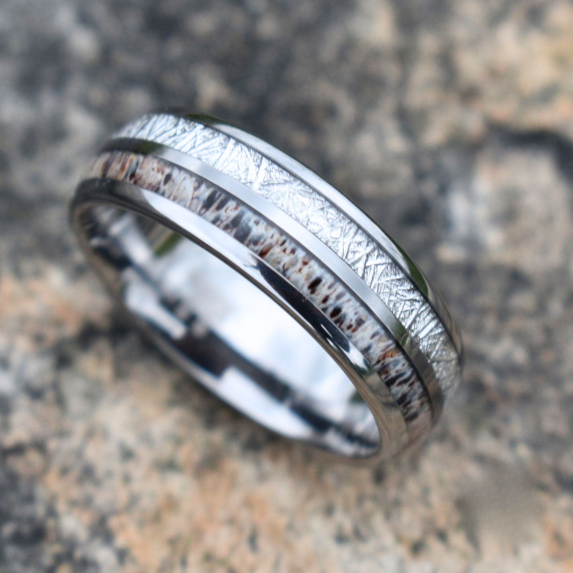 Silver Tungsten 8mm Ring with Deer Antler and Meteorite - Tungsten Titans
