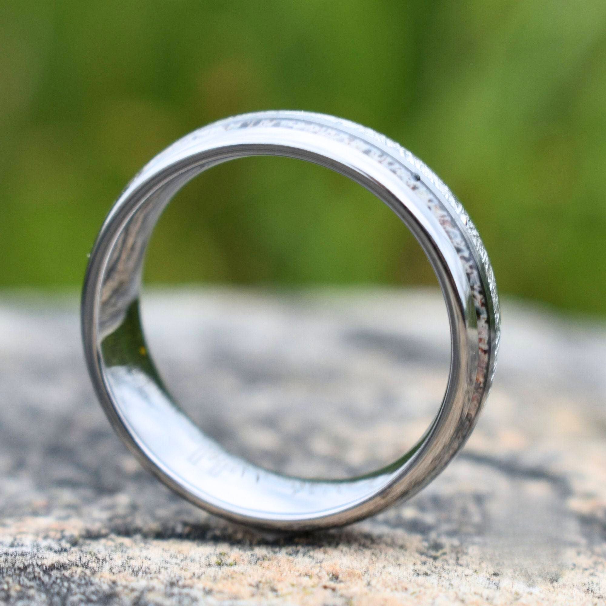 Silver Tungsten 8mm Ring with Deer Antler and Meteorite - Tungsten Titans