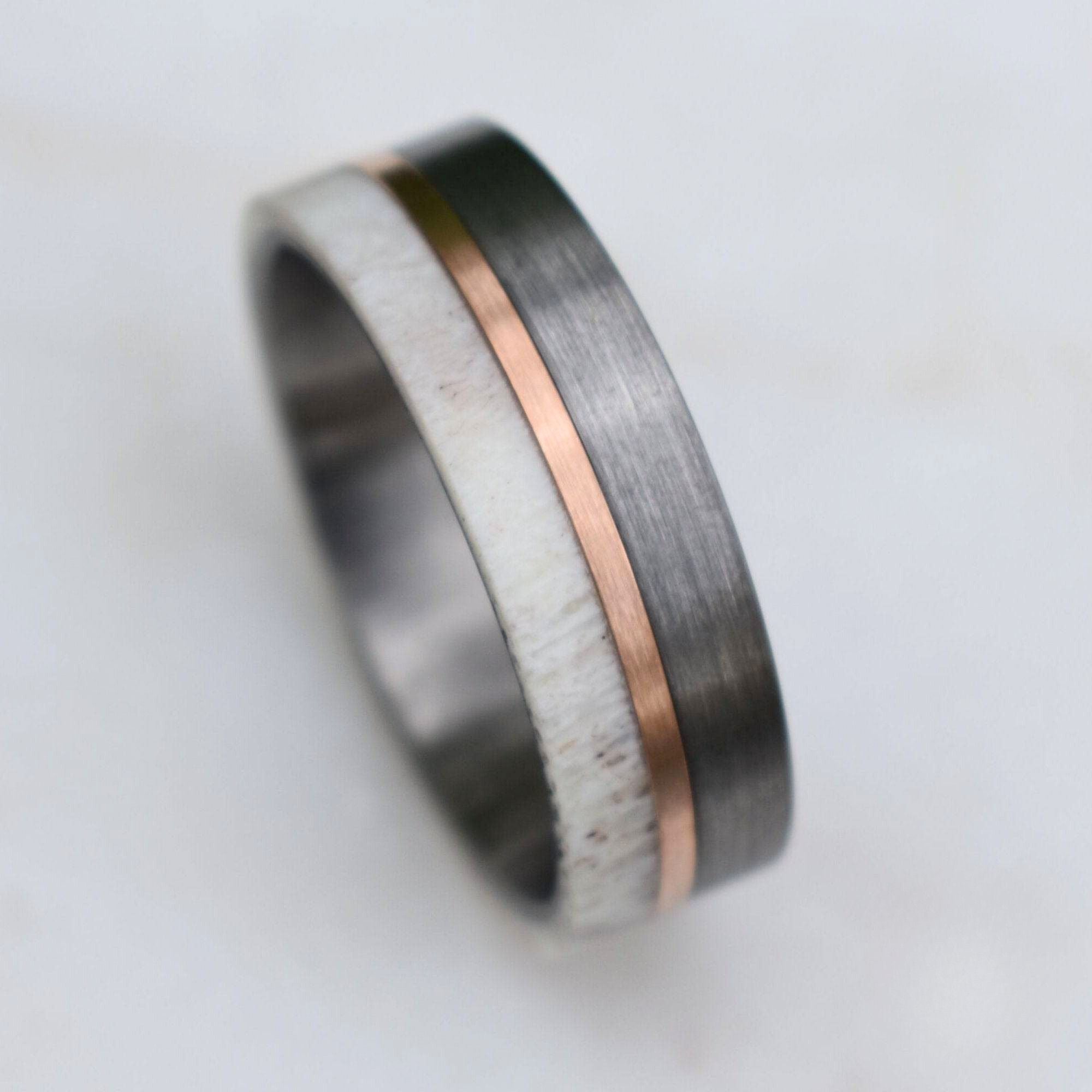 Deer Antler and Brushed Silver Tungsten 8mm Ring with Rose Gold Center - Tungsten Titans