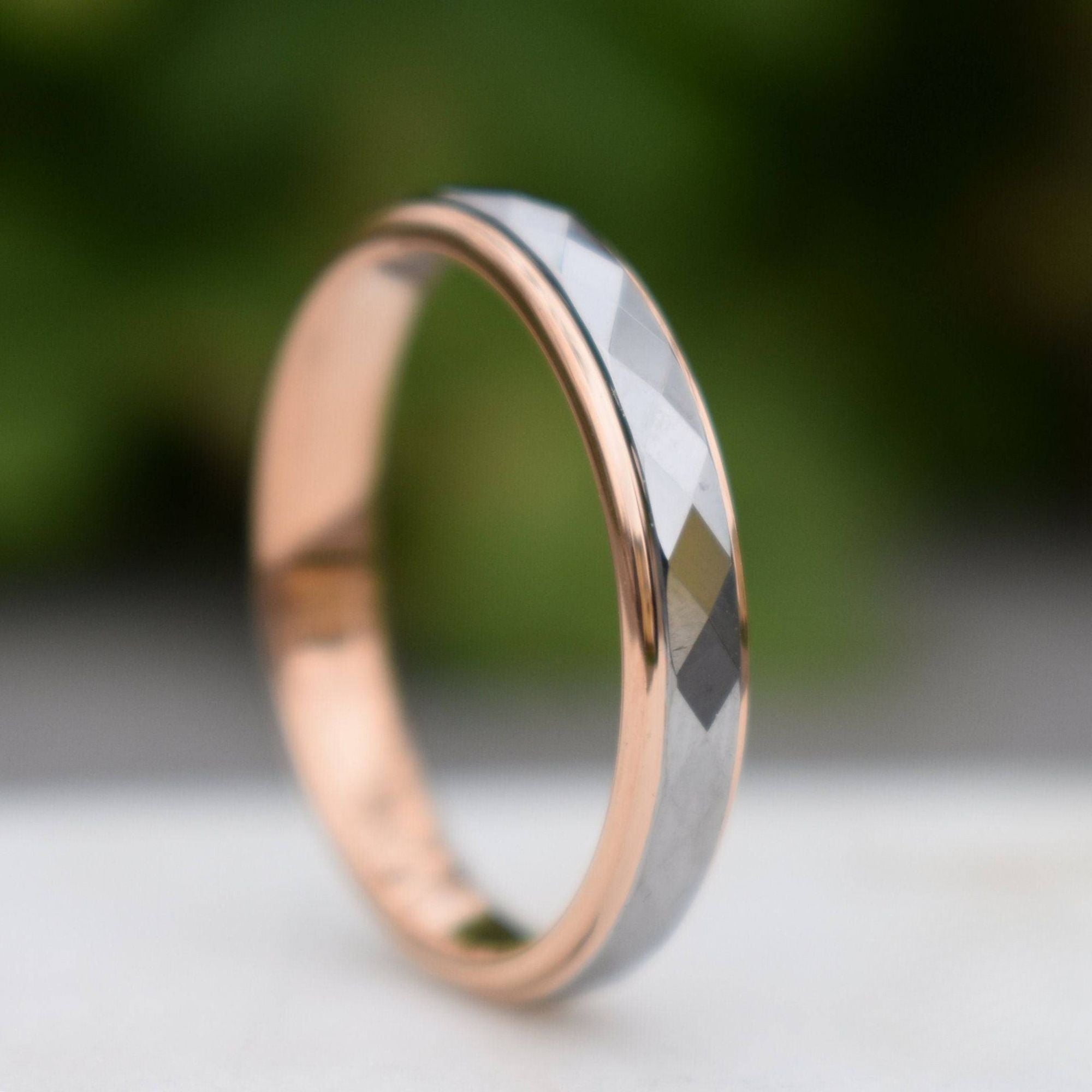 Tungsten 4mm Diamond Facet Silver Ring with Rose Gold Edges - Tungsten Titans
