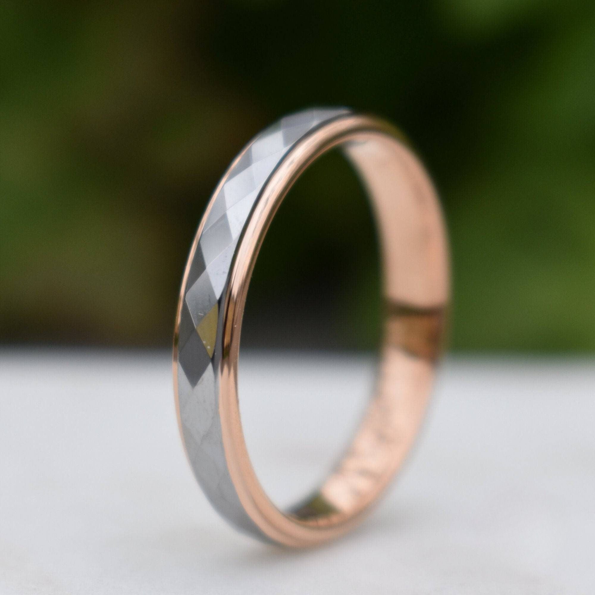 Tungsten 4mm Diamond Facet Silver Ring with Rose Gold Edges - Tungsten Titans