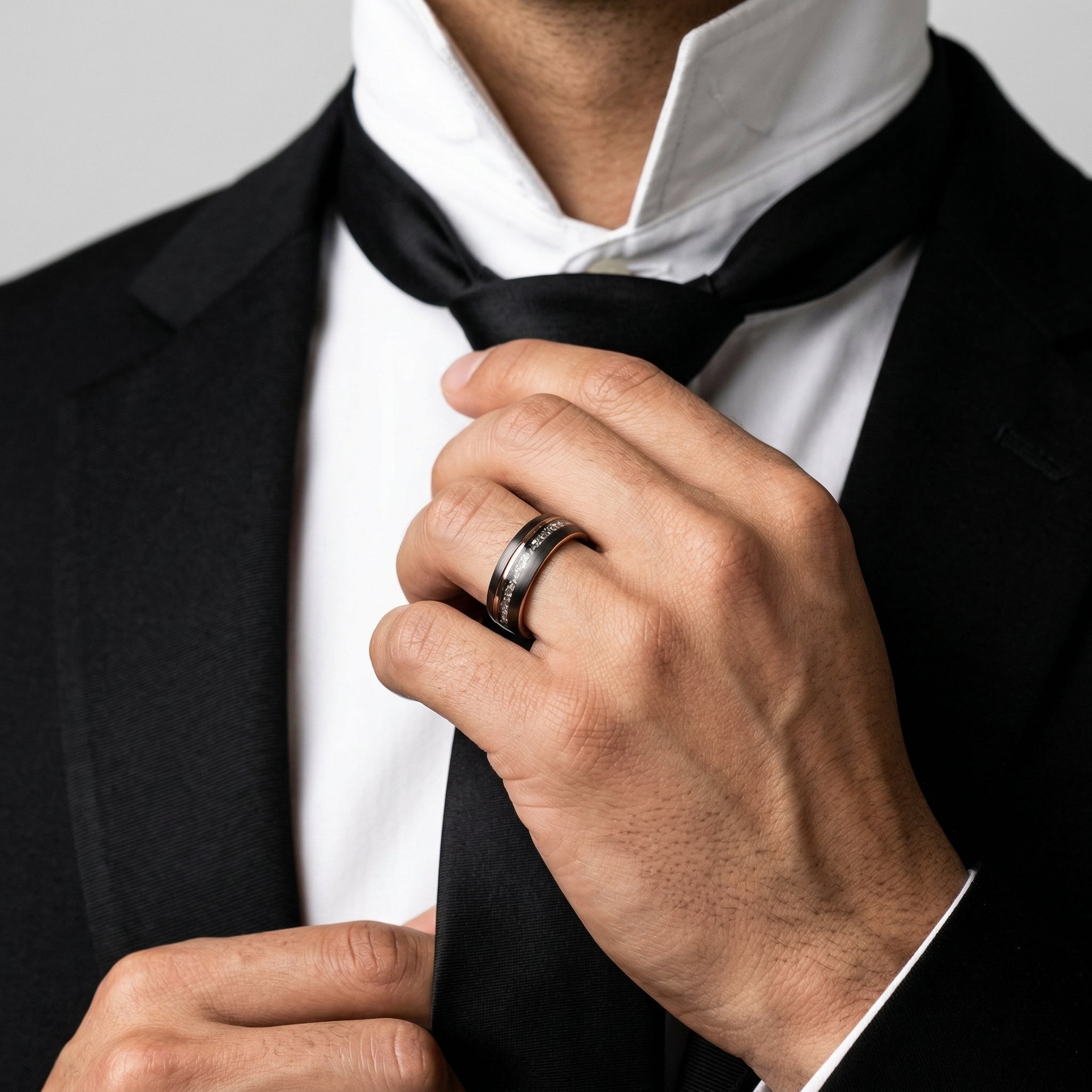 Tungsten 8mm Ring Grey with Rose Gold Accent and German Glass - Tungsten Titans
