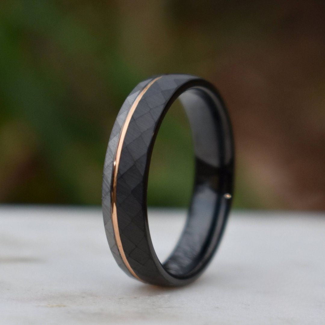 Hammered 6mm Tungsten Ring Black and Silver Brushed with Rose Gold Accent - Tungsten Titans