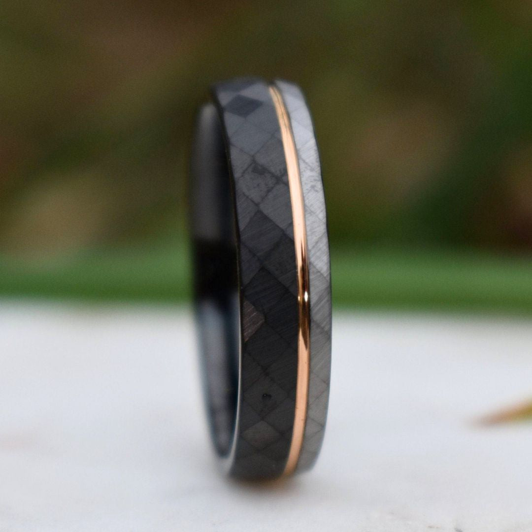 Hammered 6mm Tungsten Ring Black and Silver Brushed with Rose Gold Accent - Tungsten Titans