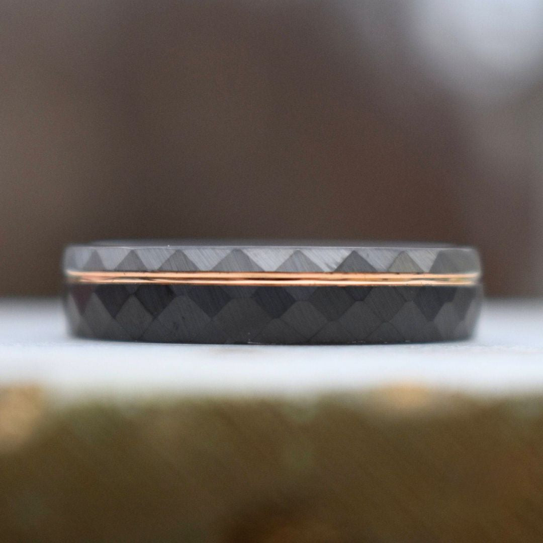 Hammered 6mm Tungsten Ring Black and Silver Brushed with Rose Gold Accent - Tungsten Titans