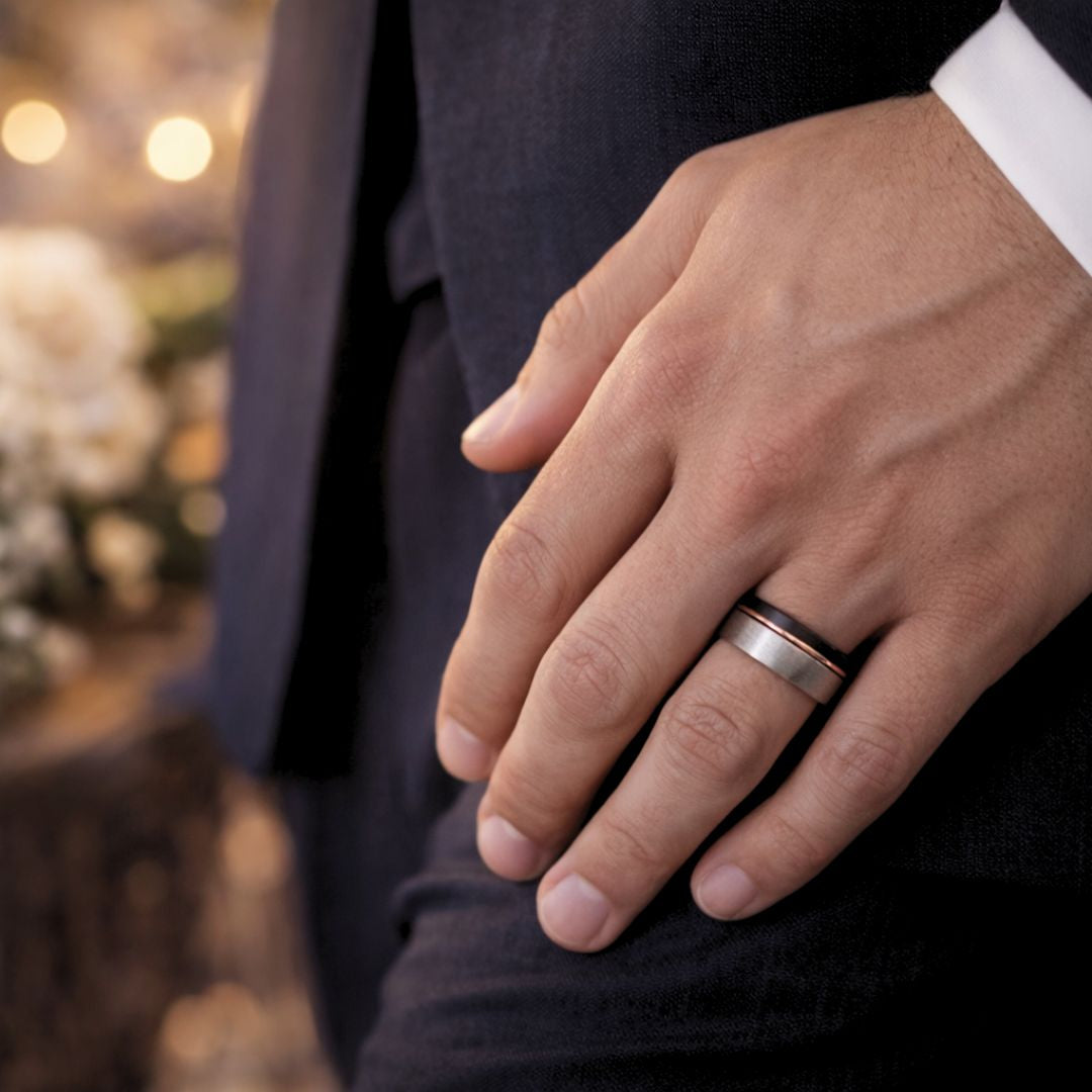 Domed 8mm Tungsten Ring Black and Silver Brushed with Rose Gold Accent - Tungsten Titans