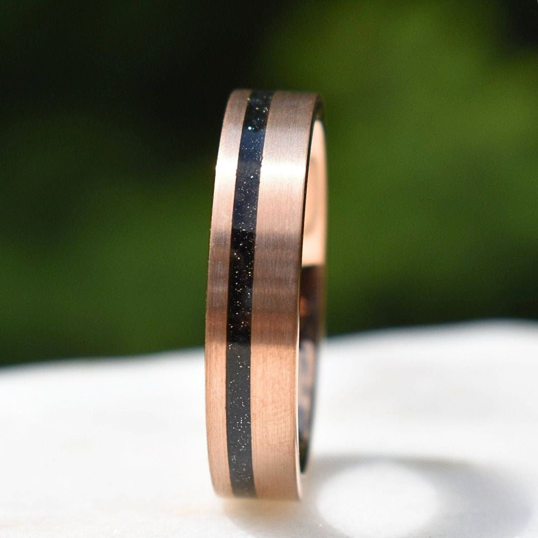 Tungsten Rose Gold 6mm Ring Black Druzy Quartz Wedding Band - Tungsten Titans