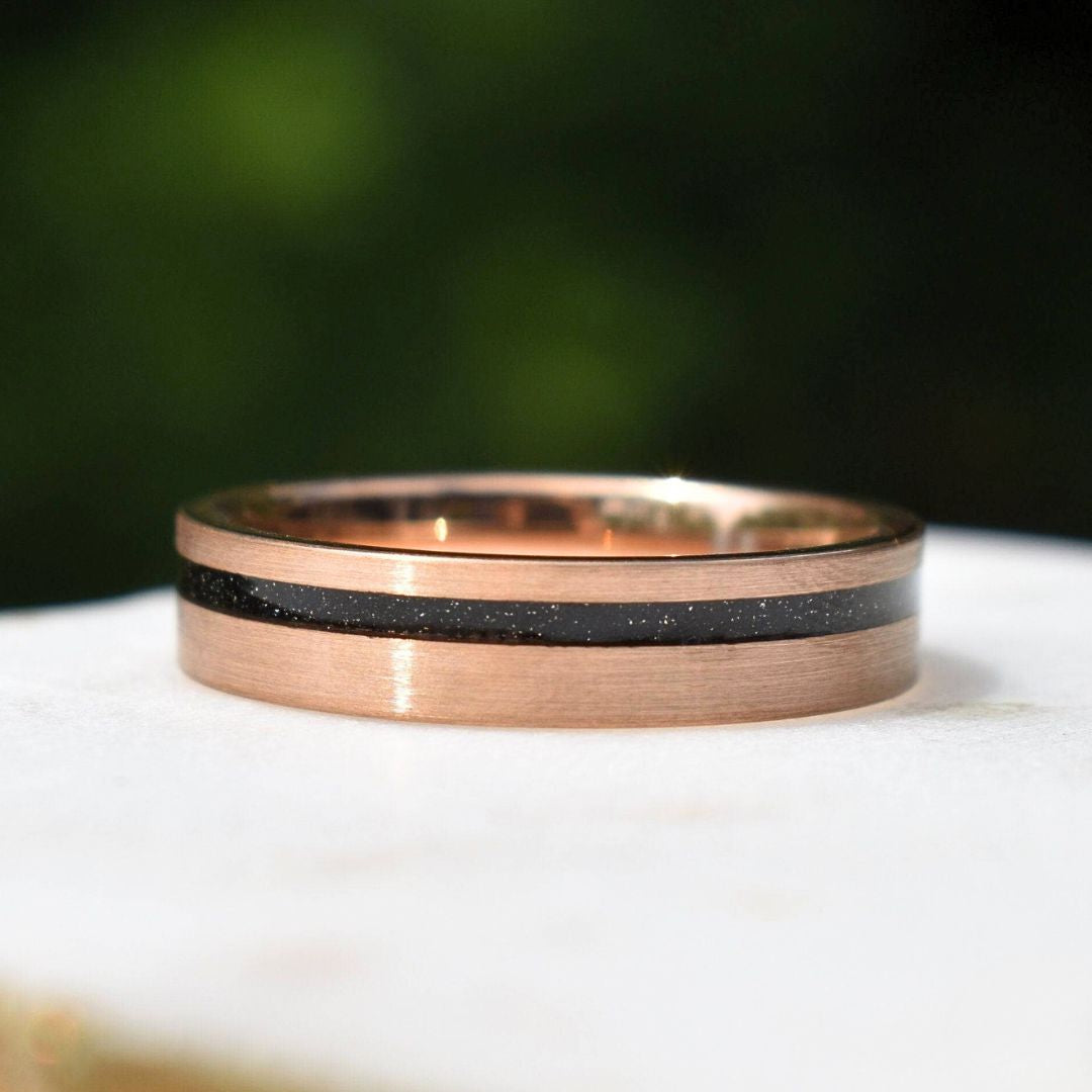 Tungsten Rose Gold 6mm Ring Black Druzy Quartz Wedding Band - Tungsten Titans