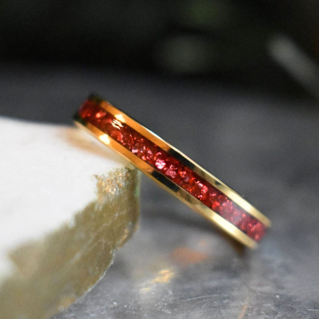 Tungsten 4mm Yellow Gold Ring German Ruby Red Glass Wedding Band - Tungsten Titans