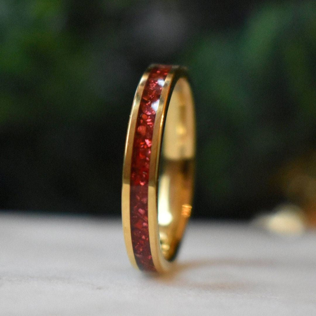 Tungsten 4mm Yellow Gold Ring German Ruby Red Glass Wedding Band - Tungsten Titans