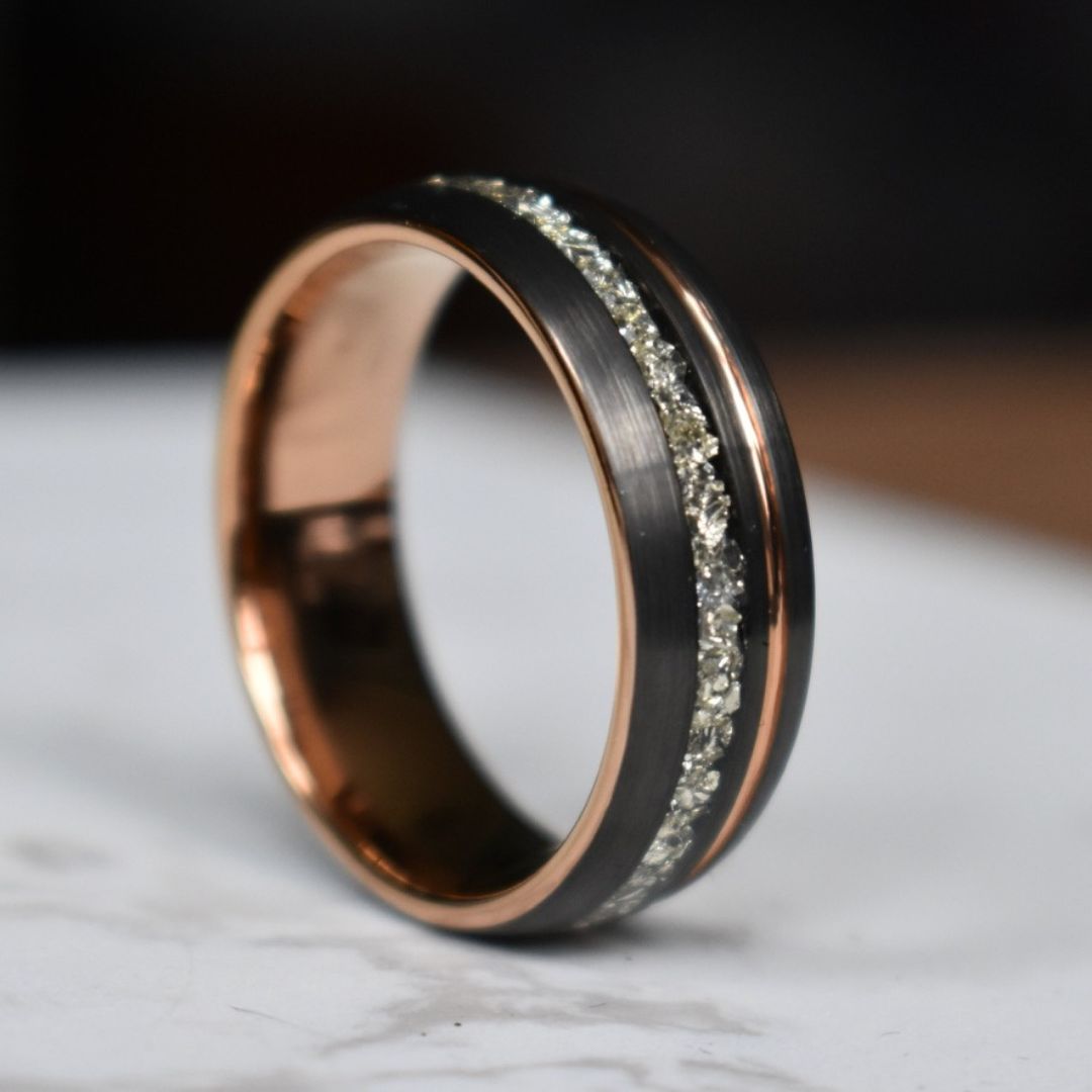 Tungsten 8mm Ring Grey with Rose Gold Accent and German Glass - Tungsten Titans