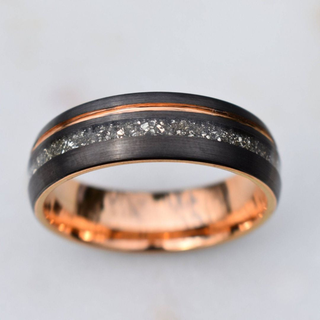 Tungsten 8mm Ring Grey with Rose Gold Accent and German Glass - Tungsten Titans