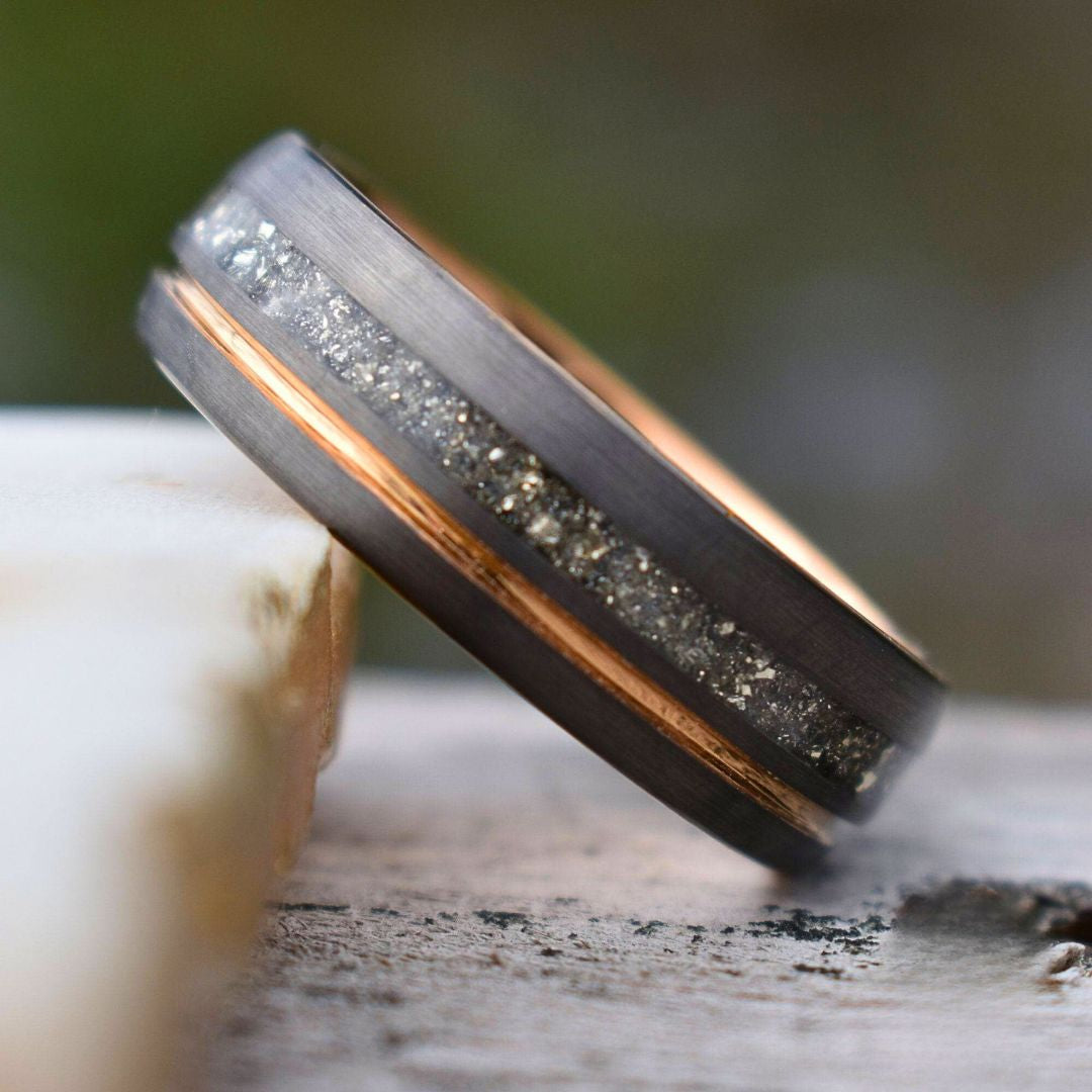 Tungsten 8mm Ring Grey with Rose Gold Accent and German Glass - Tungsten Titans