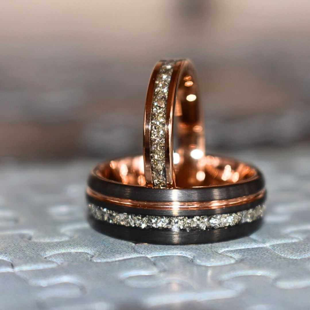 Tungsten 8mm Ring Grey with Rose Gold Accent and German Glass - Tungsten Titans