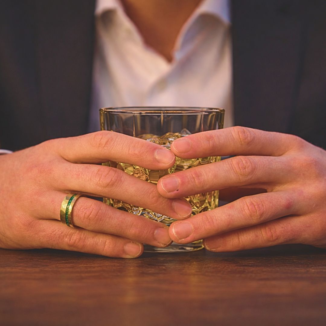 Tungsten 8mm Hammered Gold Ring with Malachite Inlay - Tungsten Titans