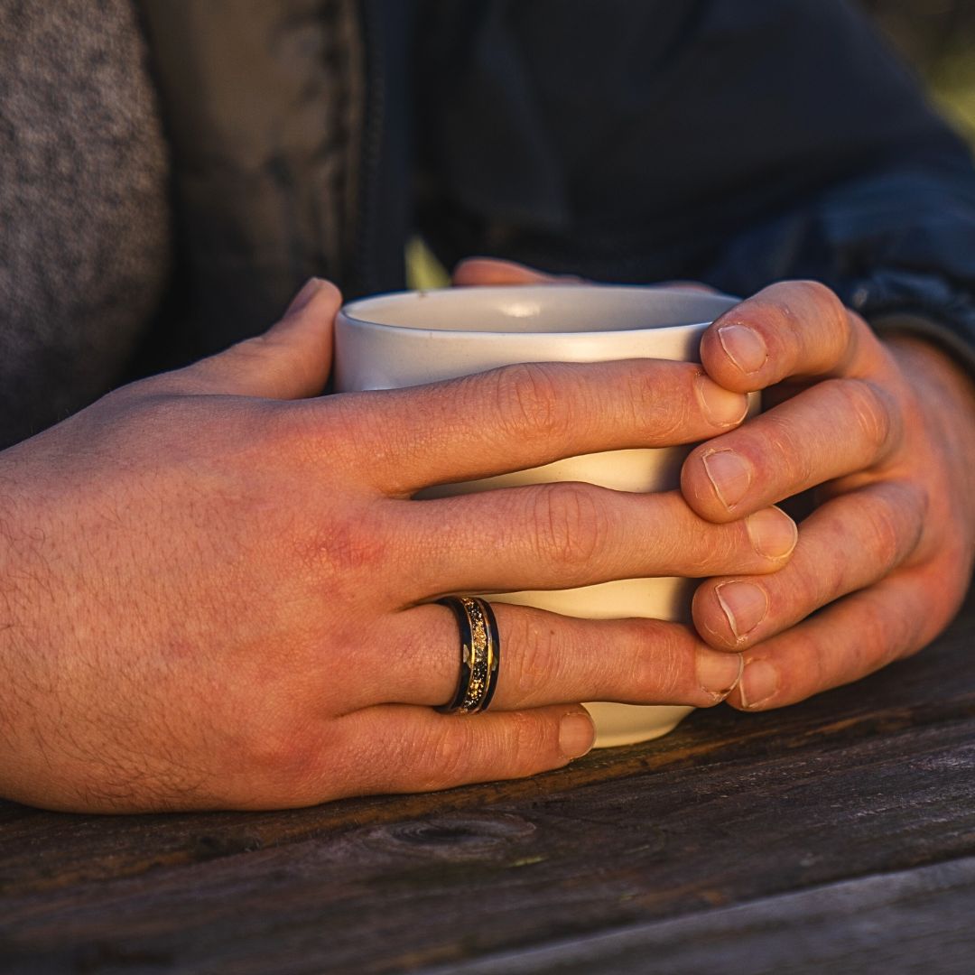 Hammered 8mm Black Tungsten Ring with 22K Gold Leaf and Meteorite Inlay - Tungsten Titans