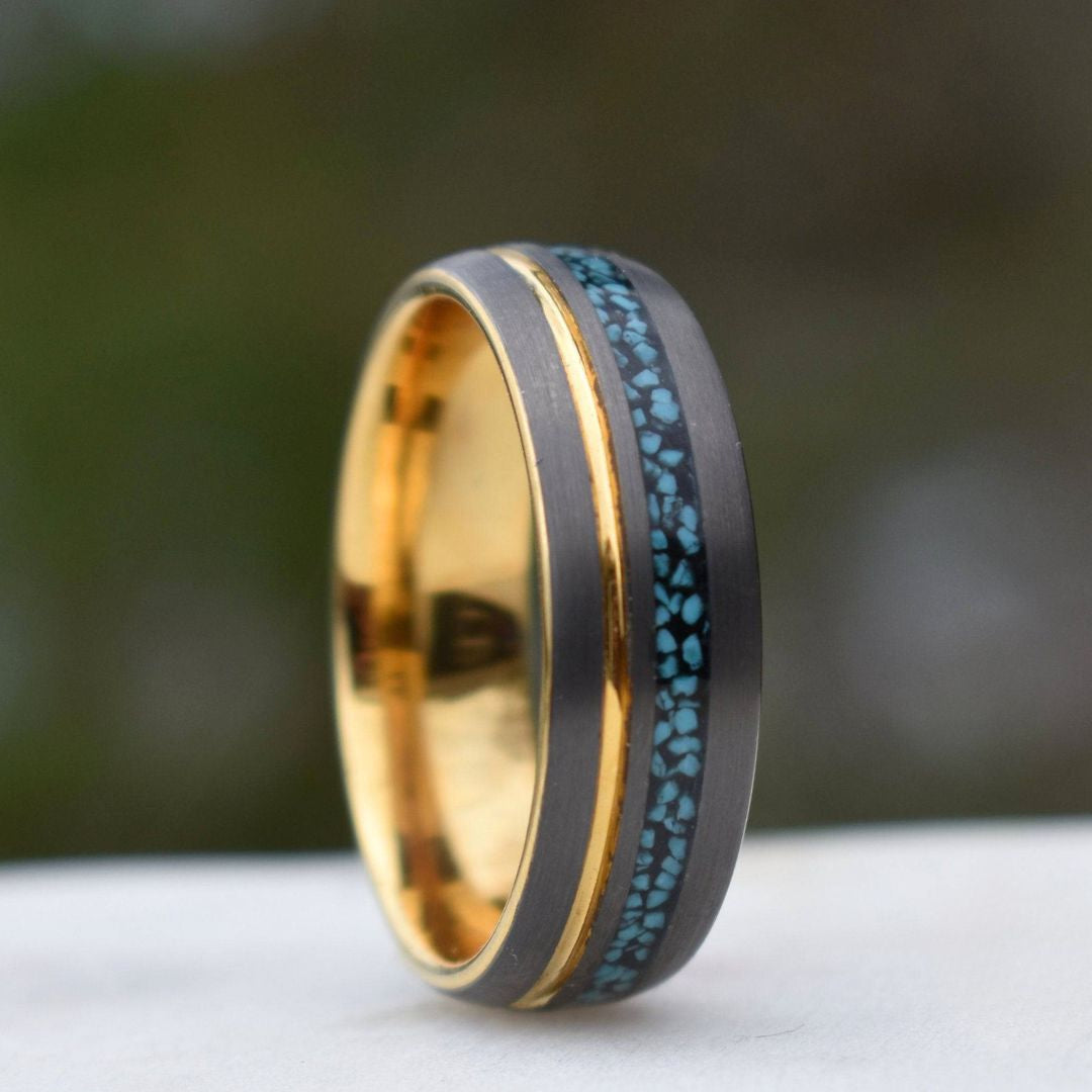 Tungsten 8mm Ring Grey with Gold Accent and Crushed Turquoise - Tungsten Titans