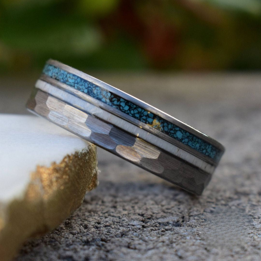 Tungsten 8mm Hammered Ring with Antler and Crushed Turquoise - Tungsten Titans