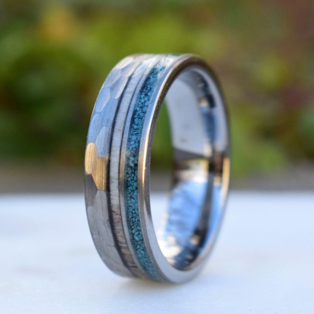 Tungsten 8mm Hammered Ring with Antler and Crushed Turquoise - Tungsten Titans