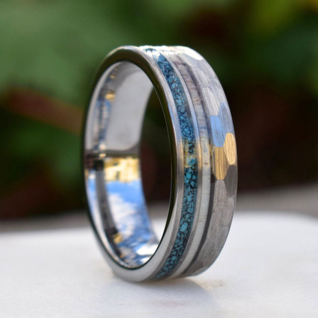 Tungsten 8mm Hammered Ring with Antler and Crushed Turquoise - Tungsten Titans