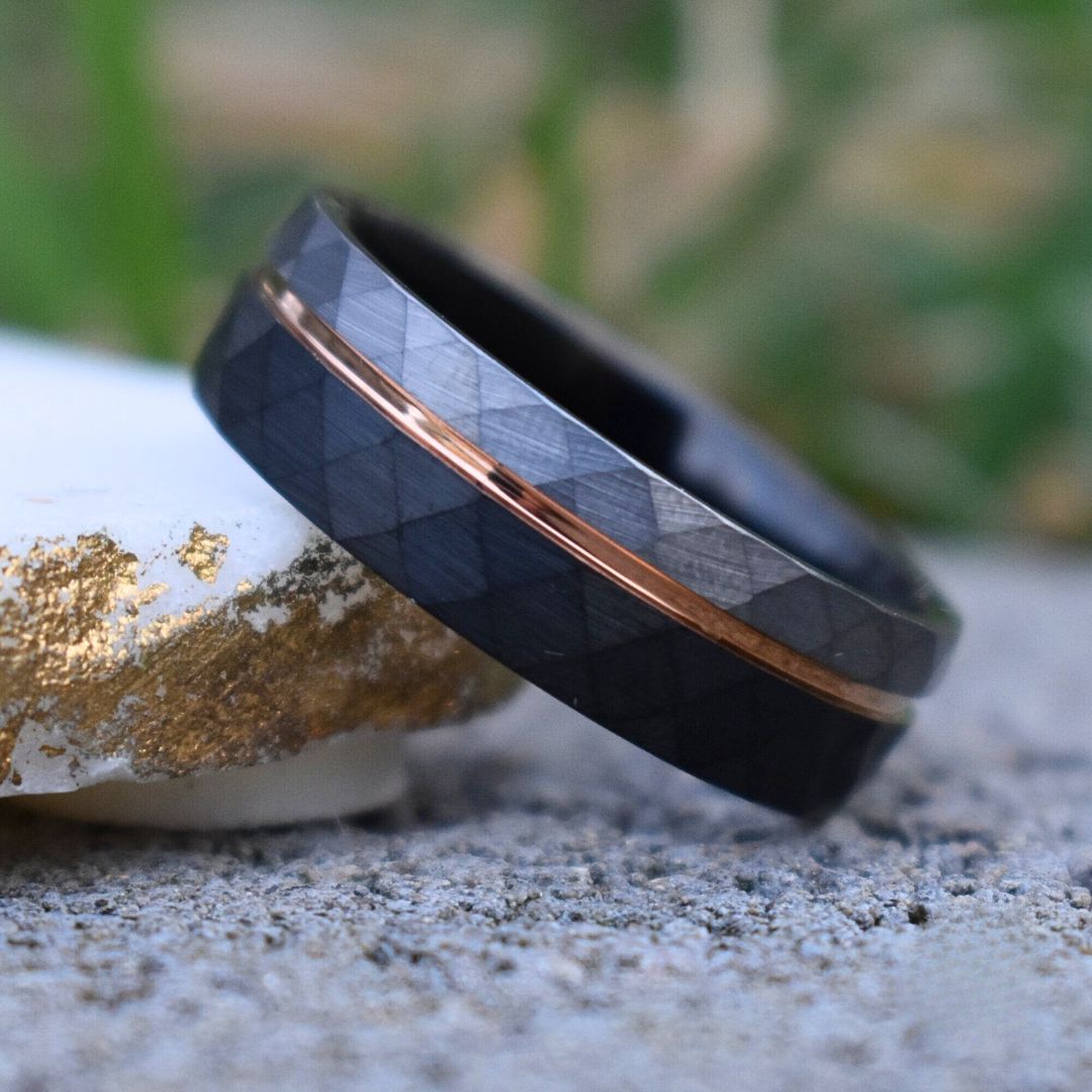Hammered 8mm Tungsten Ring Black and Silver Brushed with Rose Gold Accent - Tungsten Titans