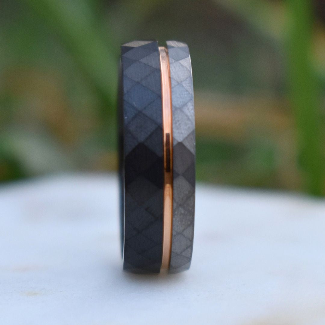 Hammered 8mm Tungsten Ring Black and Silver Brushed with Rose Gold Accent - Tungsten Titans