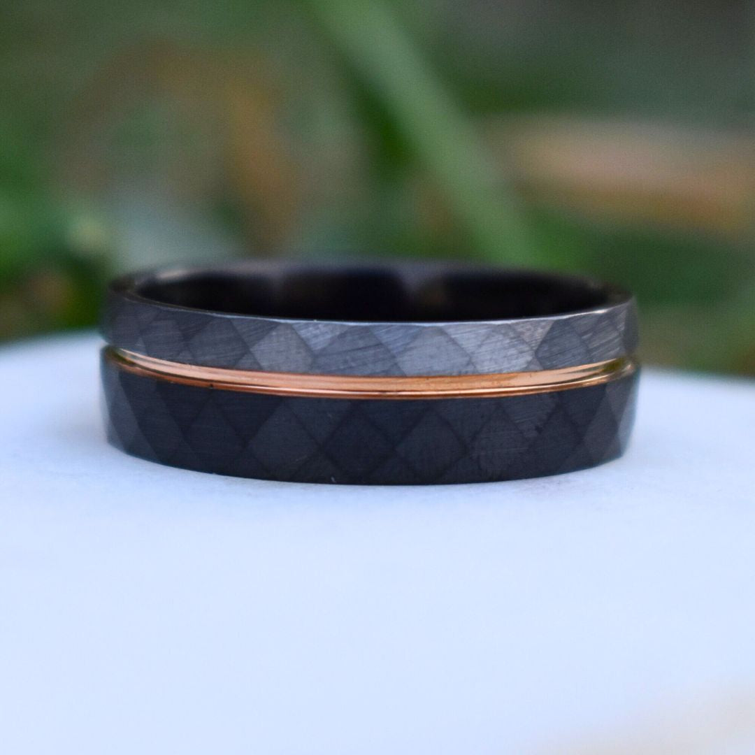 Hammered 8mm Tungsten Ring Black and Silver Brushed with Rose Gold Accent - Tungsten Titans