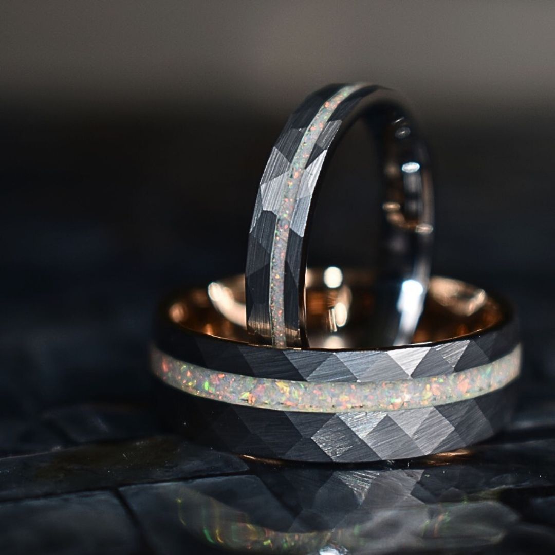Tungsten 8mm Hammered Ring with Crushed Opal and Rose Gold Inner Band - Tungsten Titans