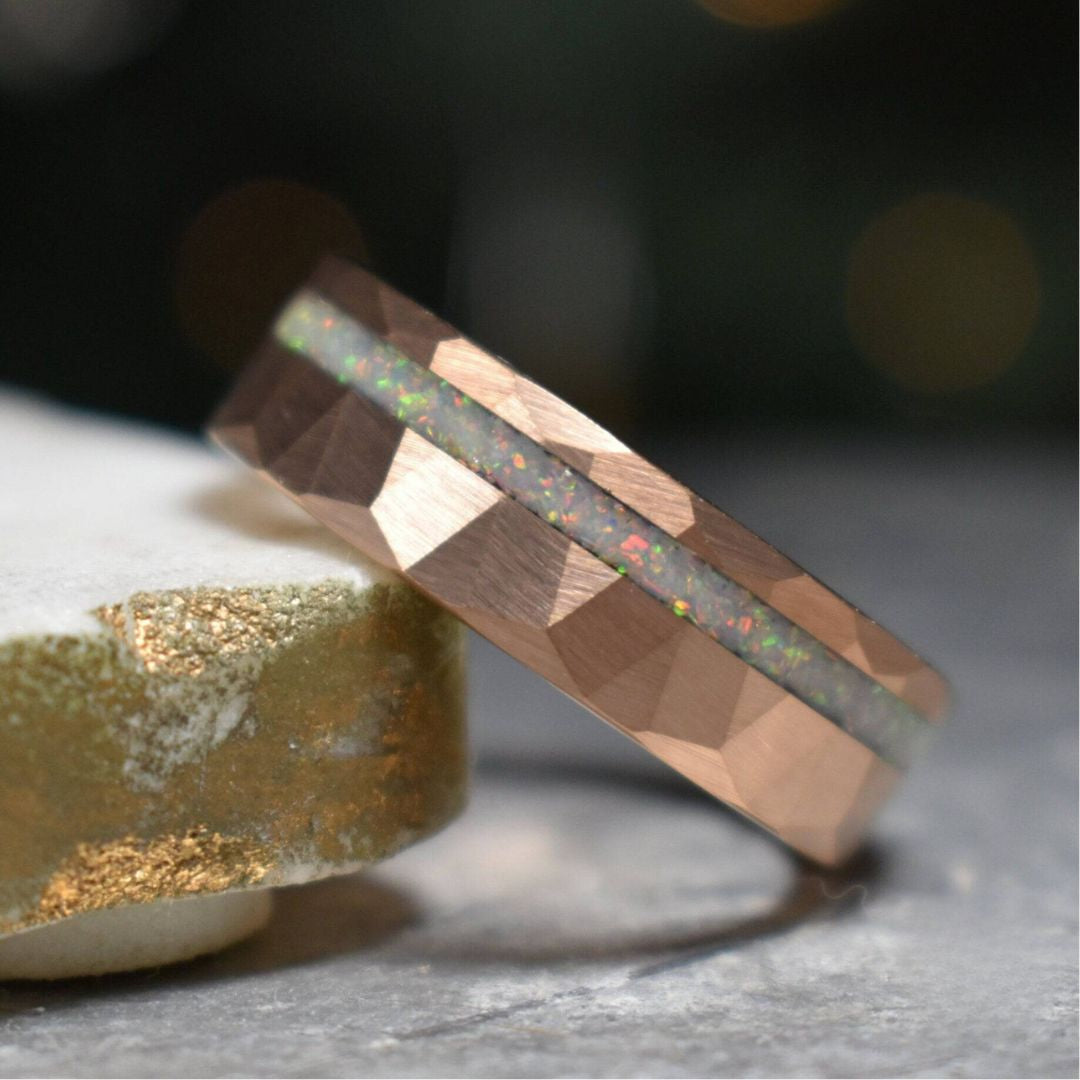 Tungsten 8mm Hammered Rose Gold Ring with Crushed Opal Centre - Tungsten Titans