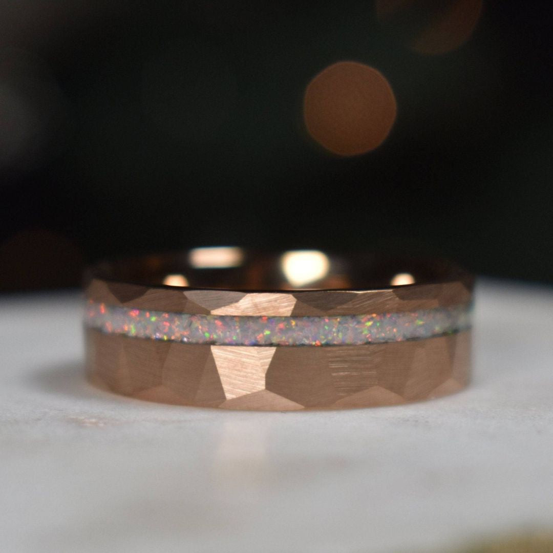 Tungsten 8mm Hammered Rose Gold Ring with Crushed Opal Centre - Tungsten Titans