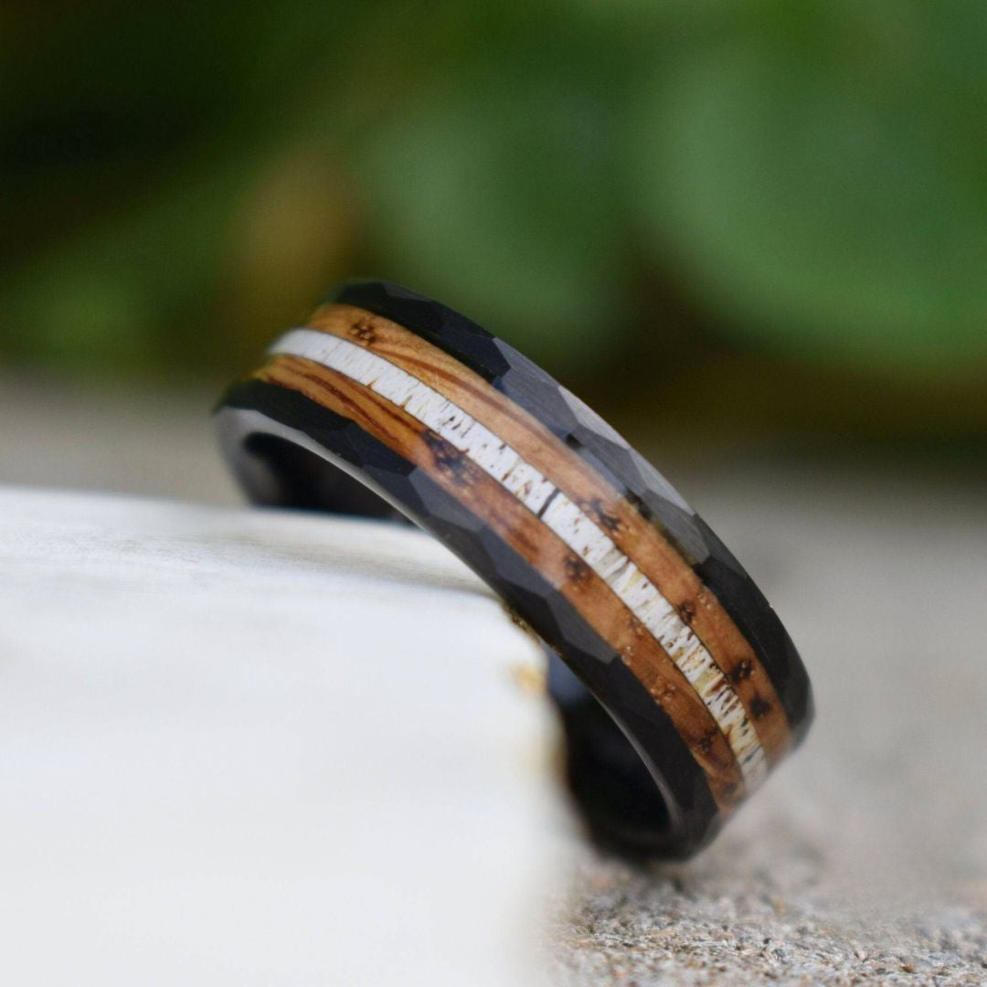 Tungsten 8mm Hammered Ring with Antler and Whiskey Barrel - Tungsten Titans
