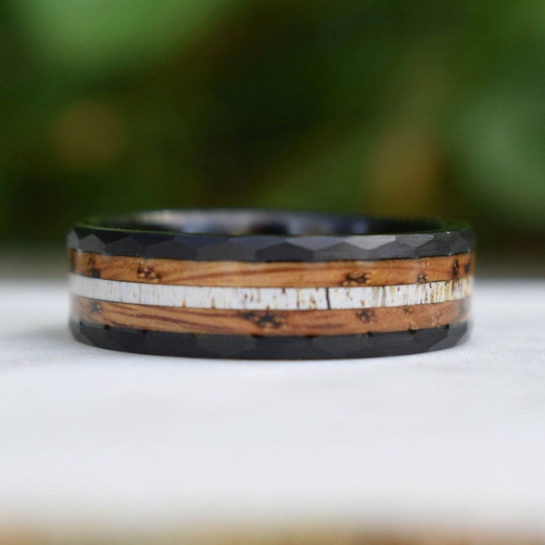 Tungsten 8mm Hammered Ring with Antler and Whiskey Barrel - Tungsten Titans