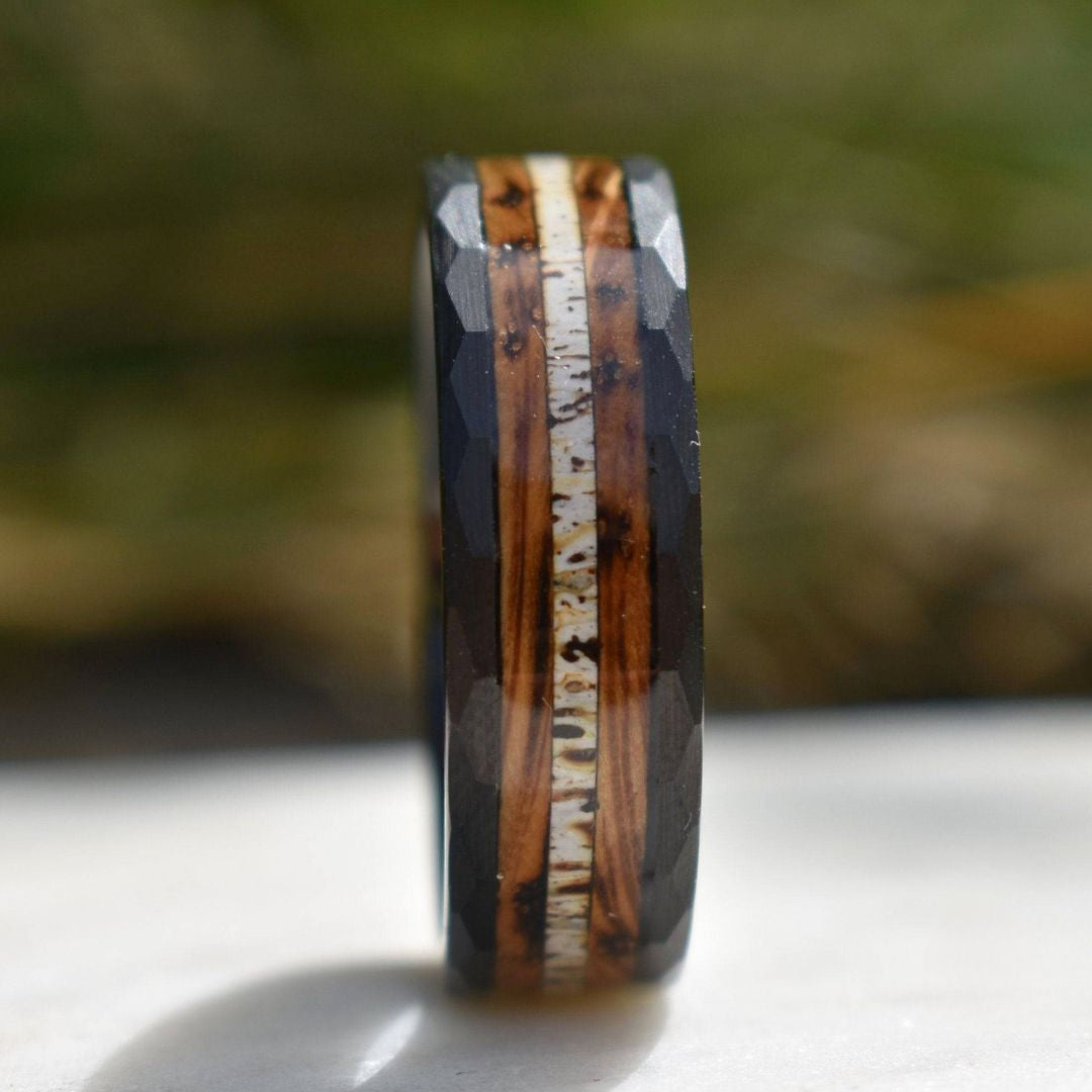 Tungsten 8mm Hammered Ring with Antler and Whiskey Barrel - Tungsten Titans