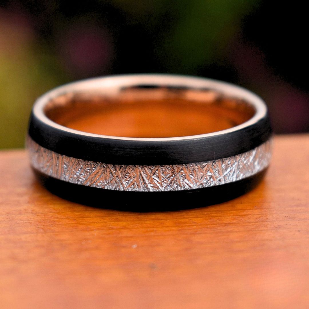 Tungsten 8mm Ring Black with Meteorite and Rose Gold Inner Band - Tungsten Titans